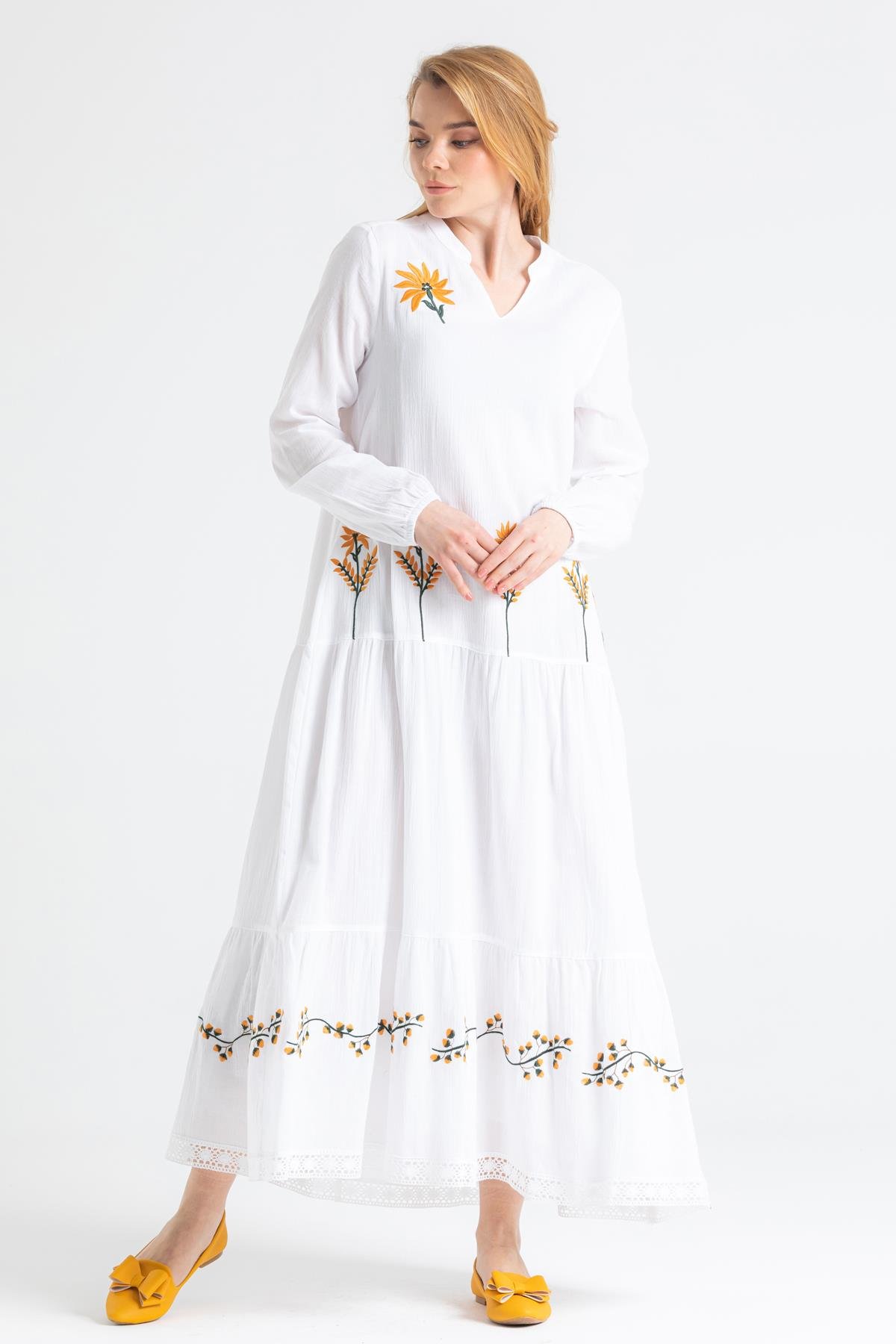 Uzun Kol Şile Bezi Aslı Nakışlı Uzun Elbise Beyaz Byz