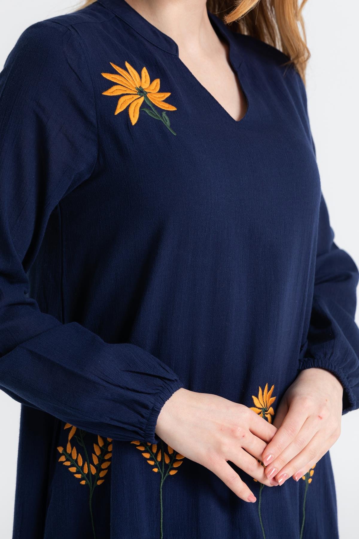 Uzun Kol Şile Bezi Aslı Nakışlı Uzun Elbise Lacivert Lcvt