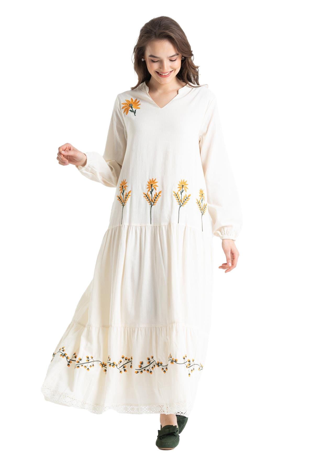 Uzun Kol Şile Bezi Aslı Nakışlı Uzun Elbise Krem Krm