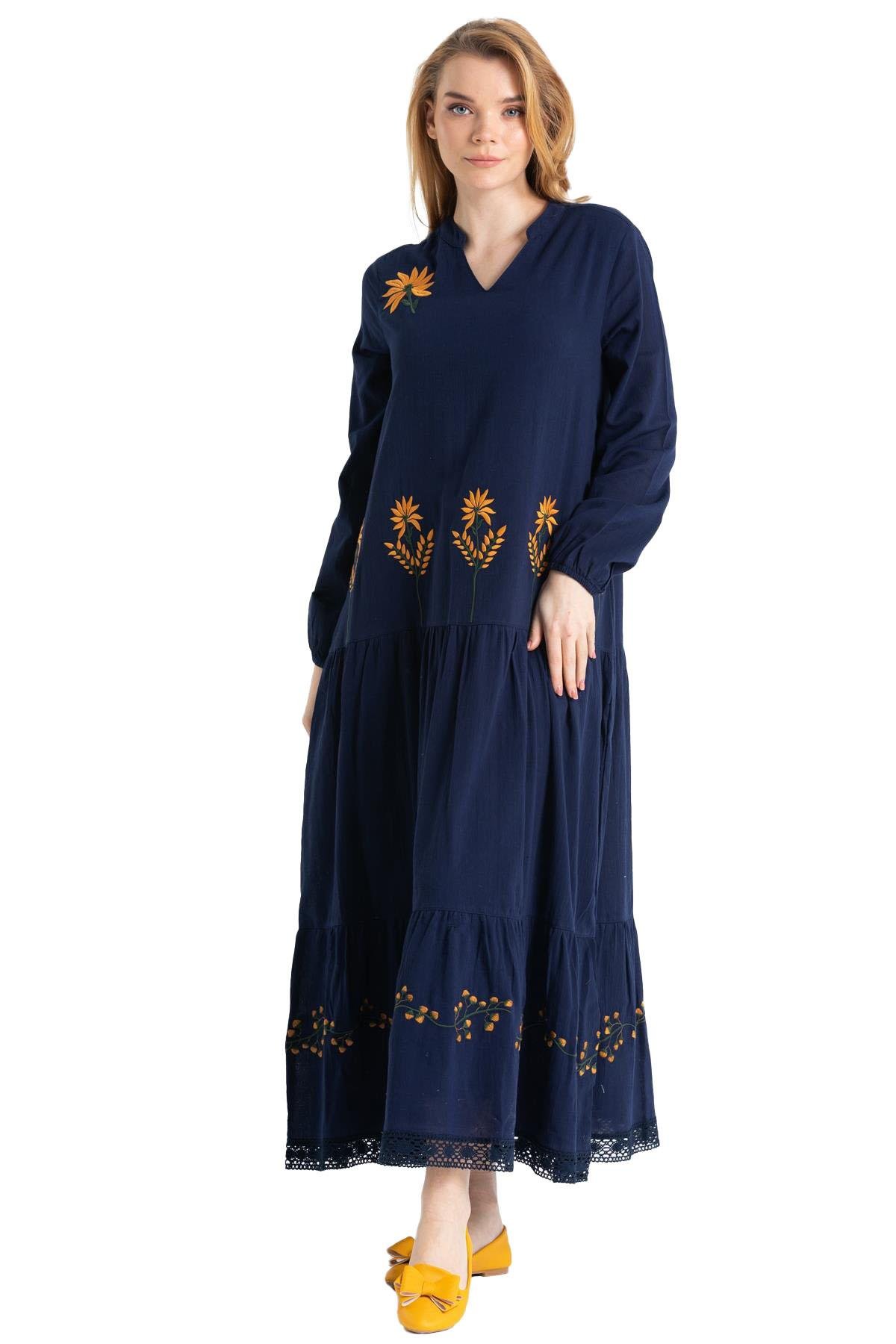 Uzun Kol Şile Bezi Aslı Nakışlı Uzun Elbise Lacivert Lcvt