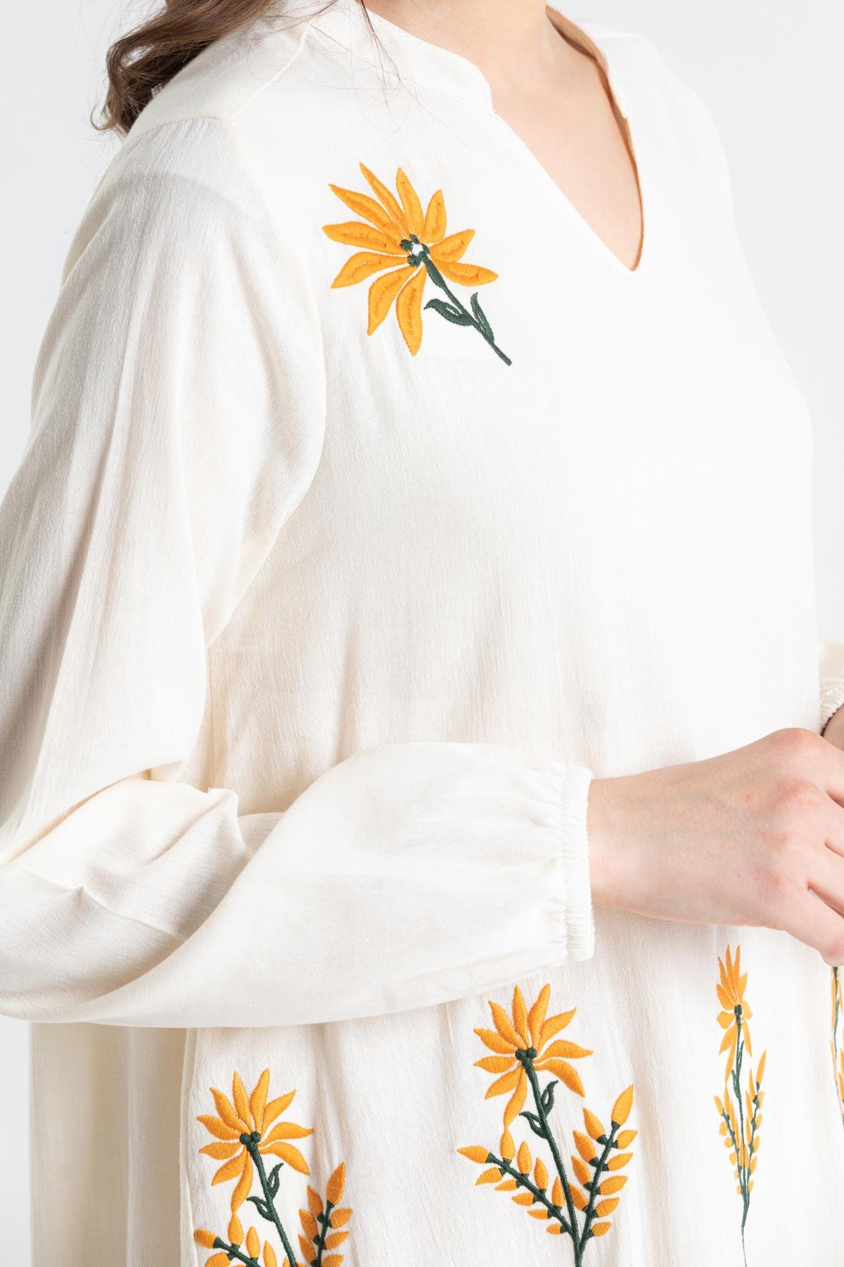 Uzun Kol Şile Bezi Aslı Nakışlı Uzun Elbise Krem Krm