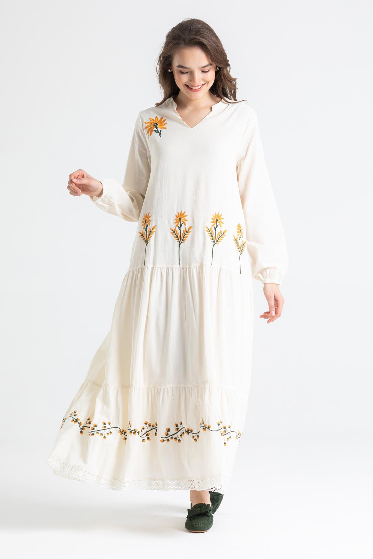 Uzun Kol Şile Bezi Aslı Nakışlı Uzun Elbise Krem Krm