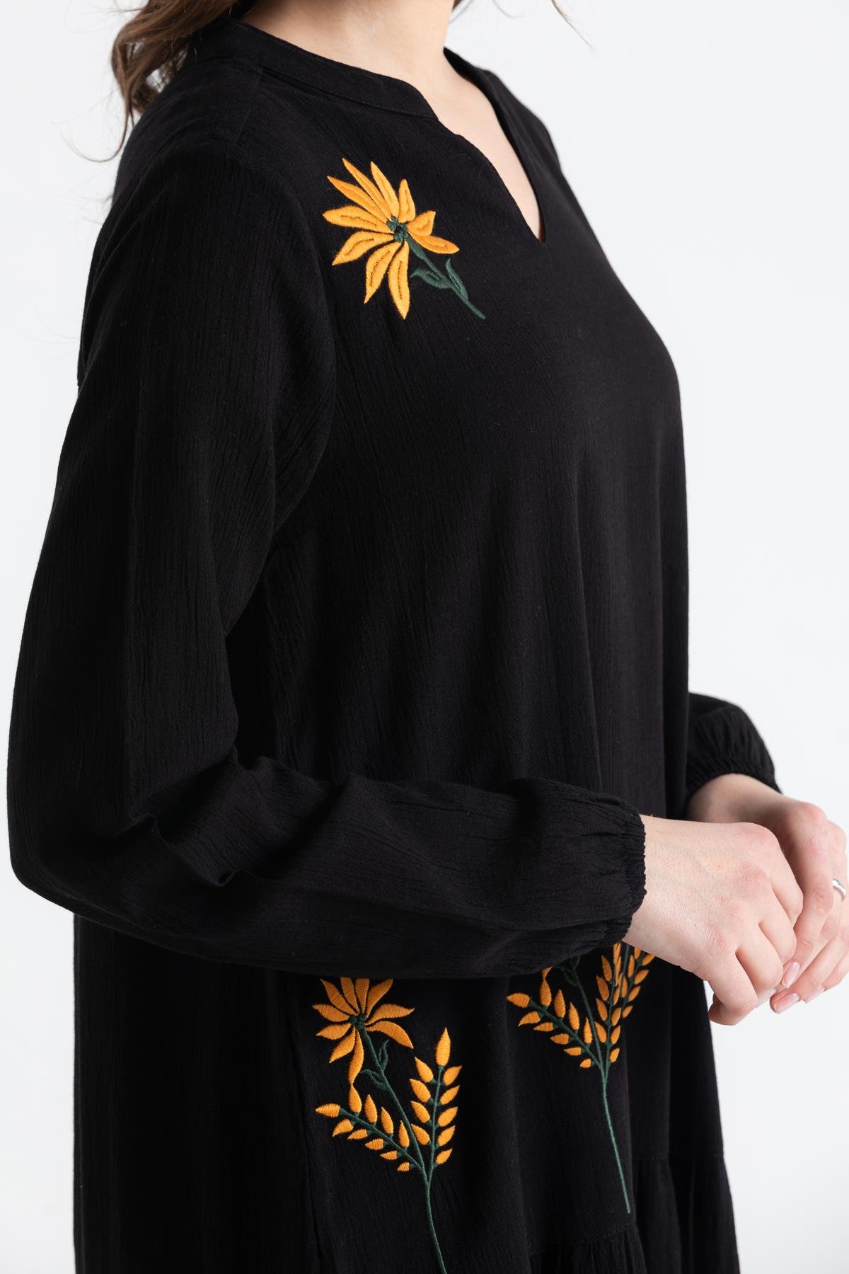 Uzun Kol Şile Bezi Aslı Nakışlı Uzun Elbise Siyah Syh