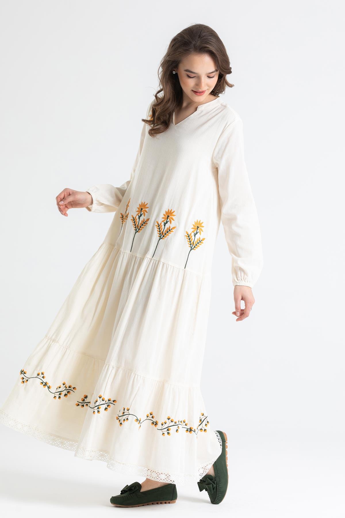 Uzun Kol Şile Bezi Aslı Nakışlı Uzun Elbise Krem Krm