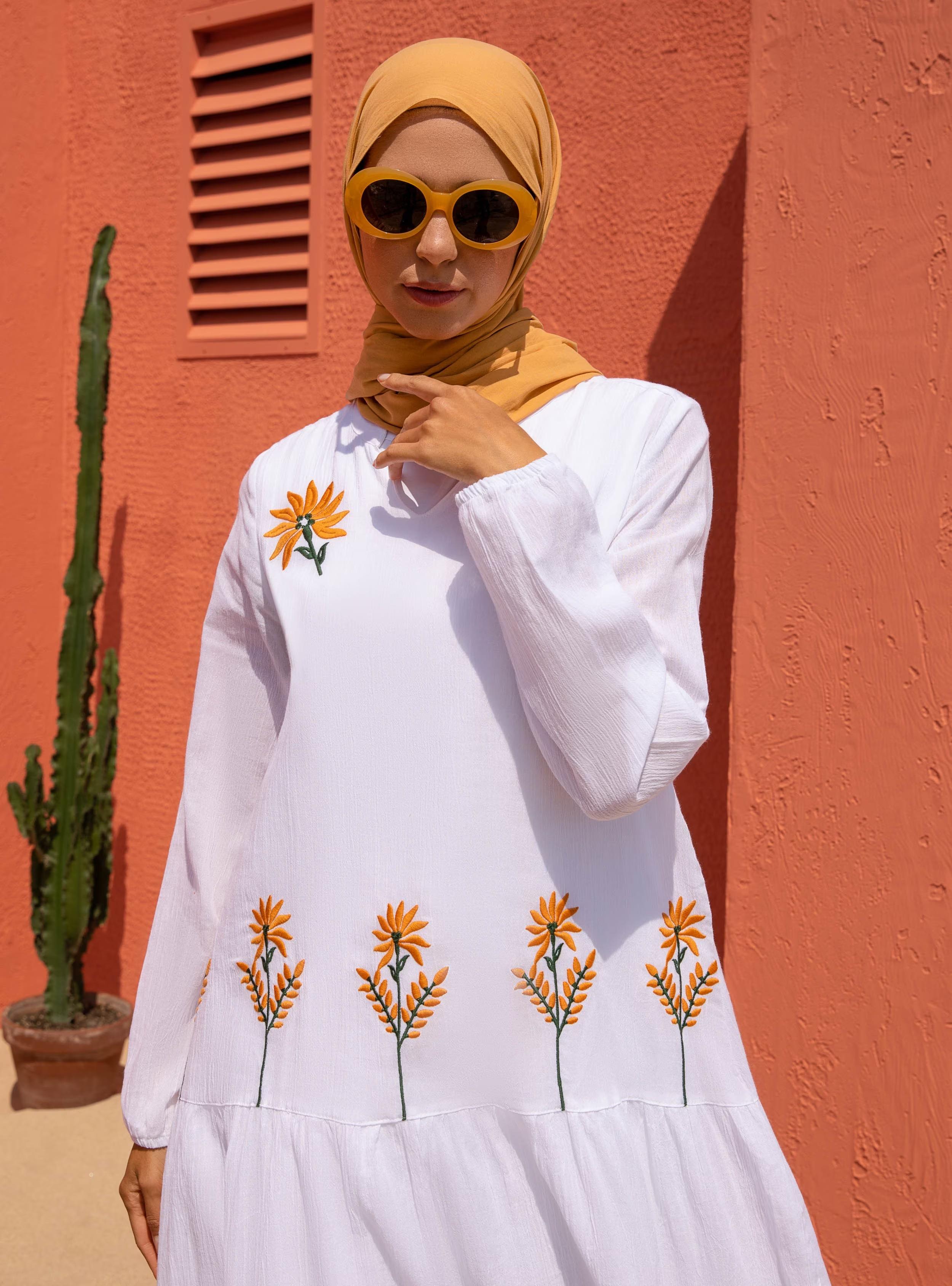 Uzun Kol Şile Bezi Aslı Nakışlı Uzun Elbise Beyaz Byz