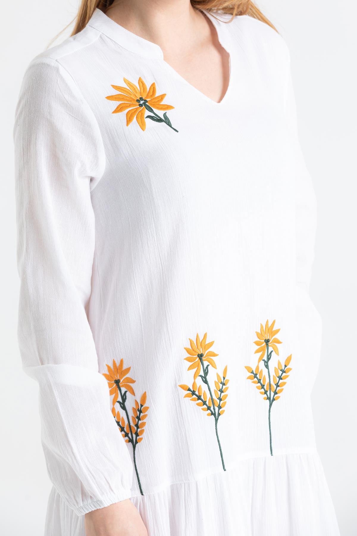 Uzun Kol Şile Bezi Aslı Nakışlı Uzun Elbise Beyaz Byz