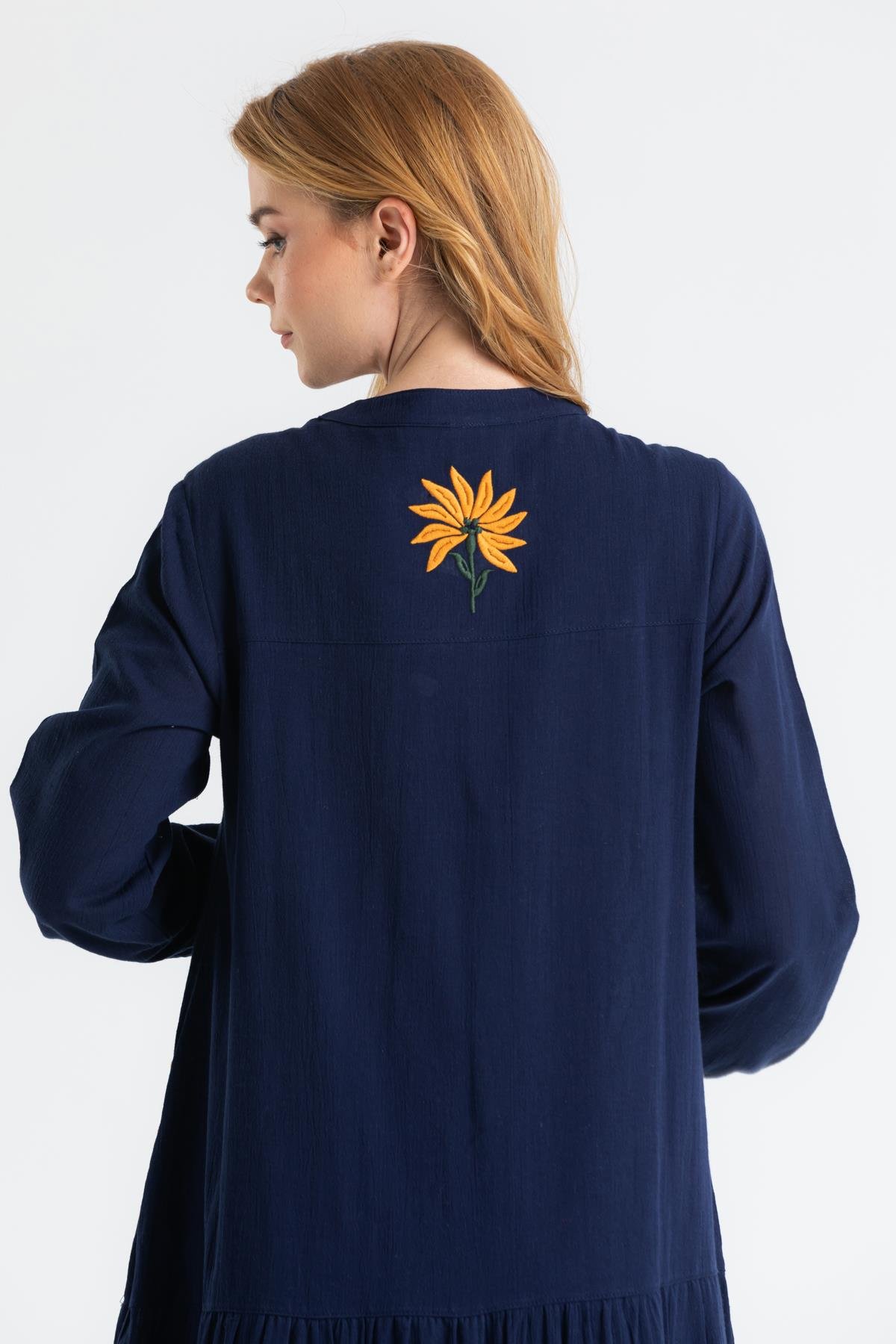 Uzun Kol Şile Bezi Aslı Nakışlı Uzun Elbise Lacivert Lcvt