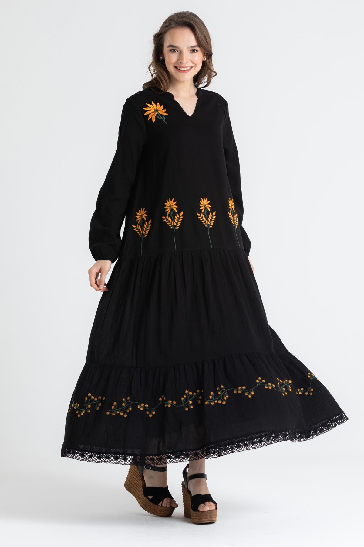 Uzun Kol Şile Bezi Aslı Nakışlı Uzun Elbise Siyah Syh