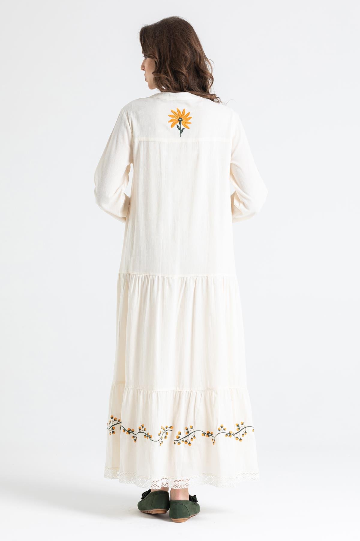 Uzun Kol Şile Bezi Aslı Nakışlı Uzun Elbise Krem Krm