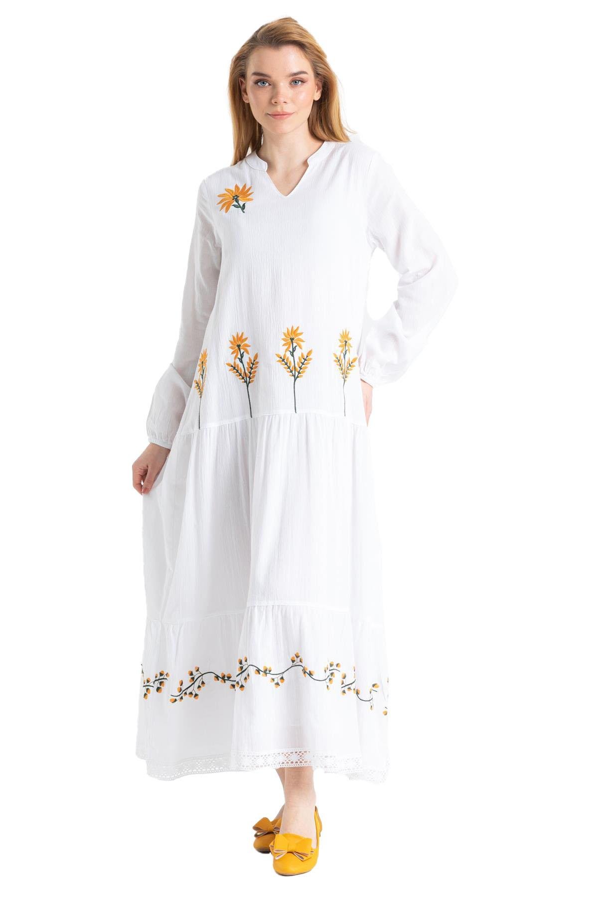 Uzun Kol Şile Bezi Aslı Nakışlı Uzun Elbise Beyaz Byz