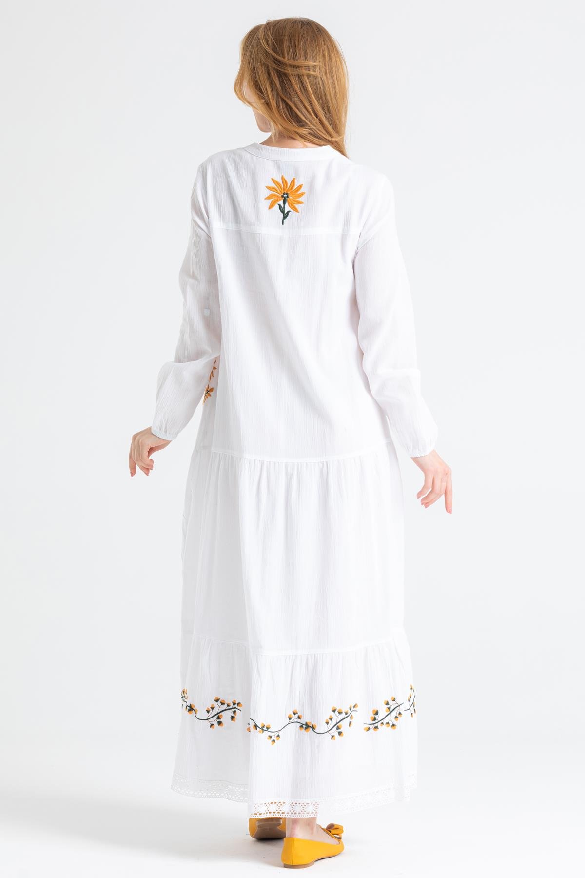 Uzun Kol Şile Bezi Aslı Nakışlı Uzun Elbise Beyaz Byz