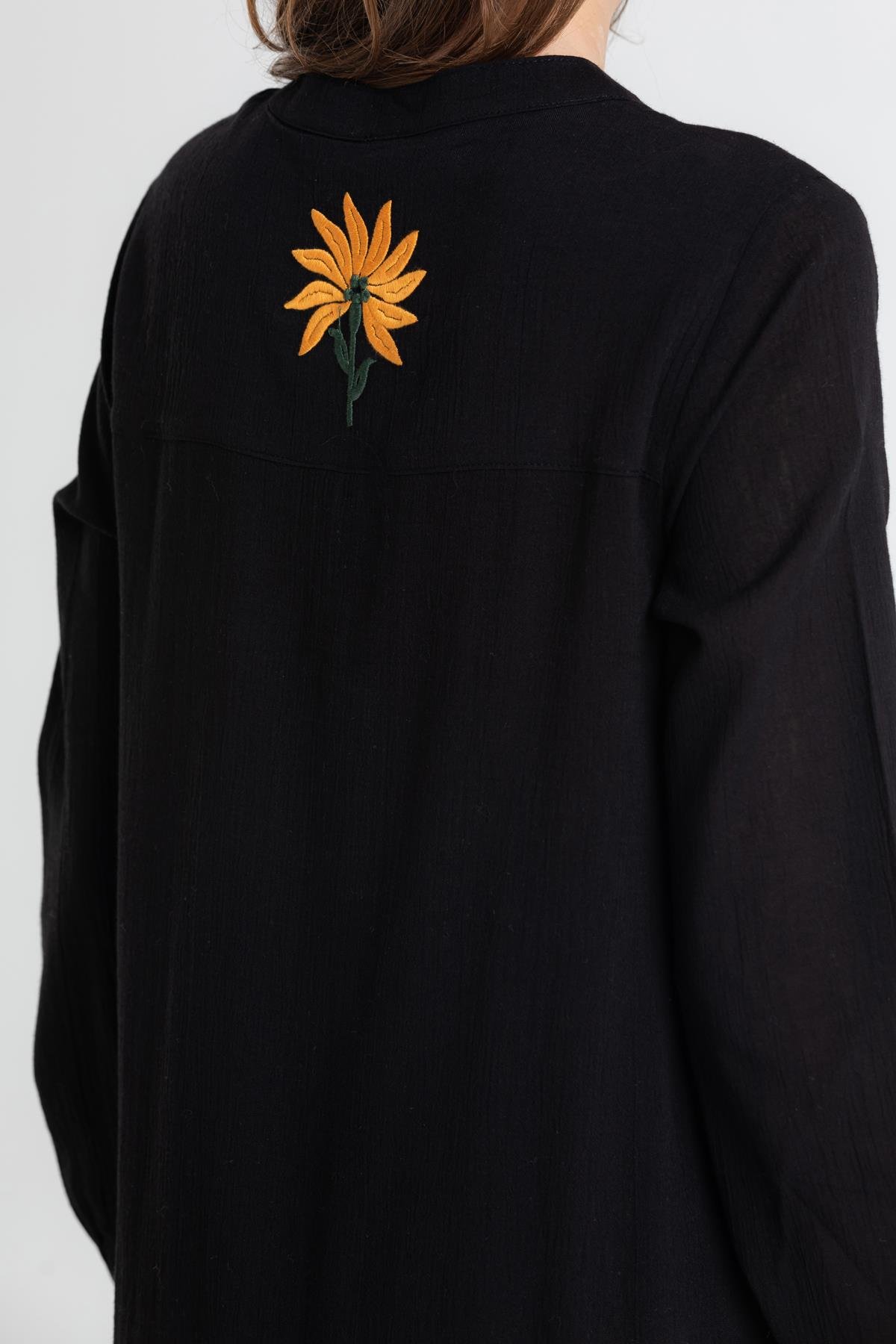 Uzun Kol Şile Bezi Aslı Nakışlı Uzun Elbise Siyah Syh