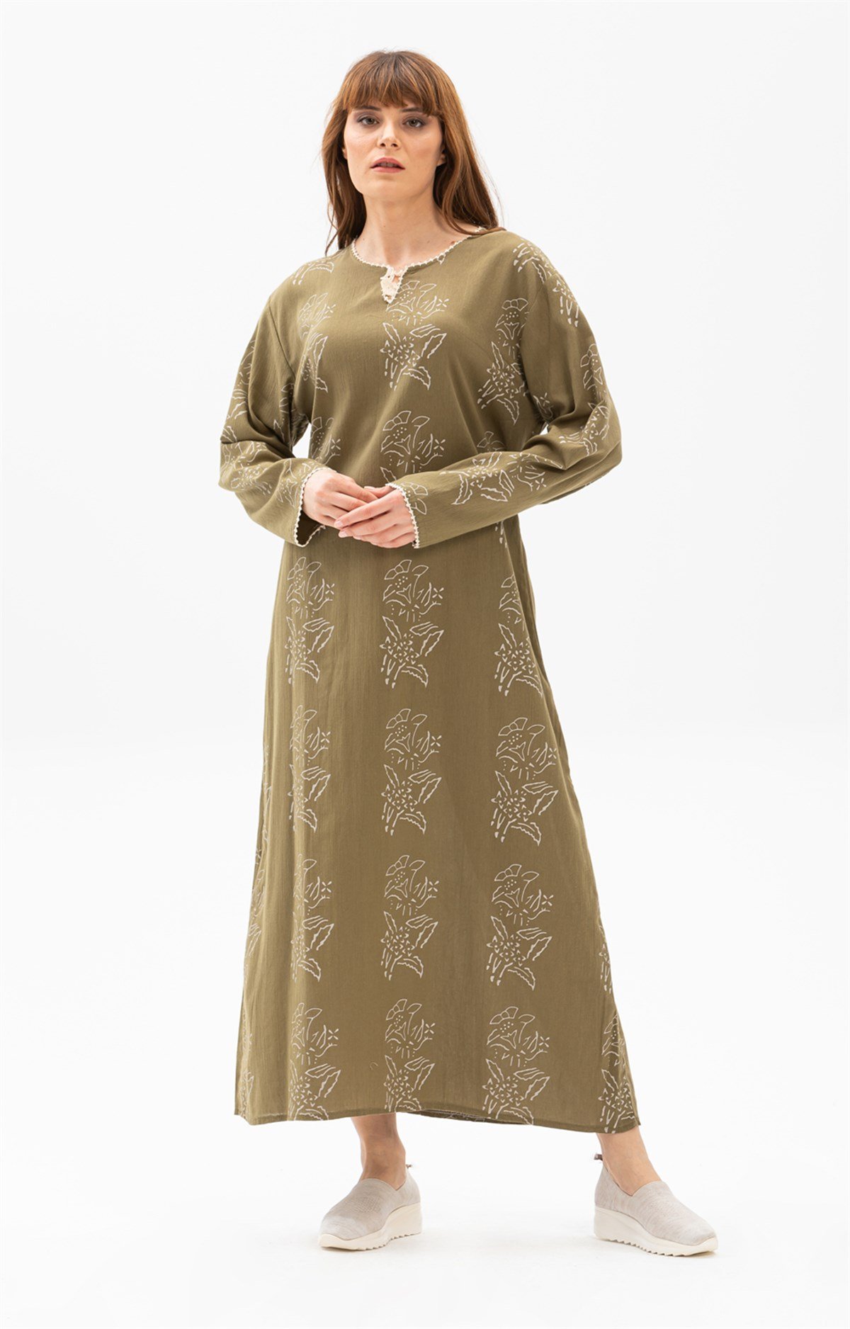 Uzun Kol Şile Bezi Baskılı Elbise Zambak Desen Haki