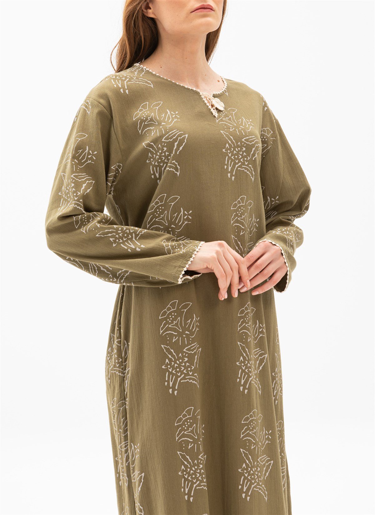 Uzun Kol Şile Bezi Baskılı Elbise Zambak Desen Haki