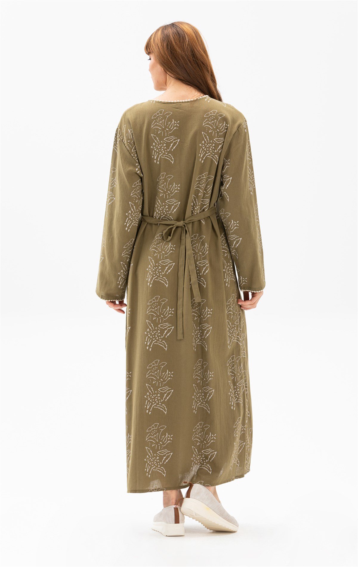 Uzun Kol Şile Bezi Baskılı Elbise Zambak Desen Haki