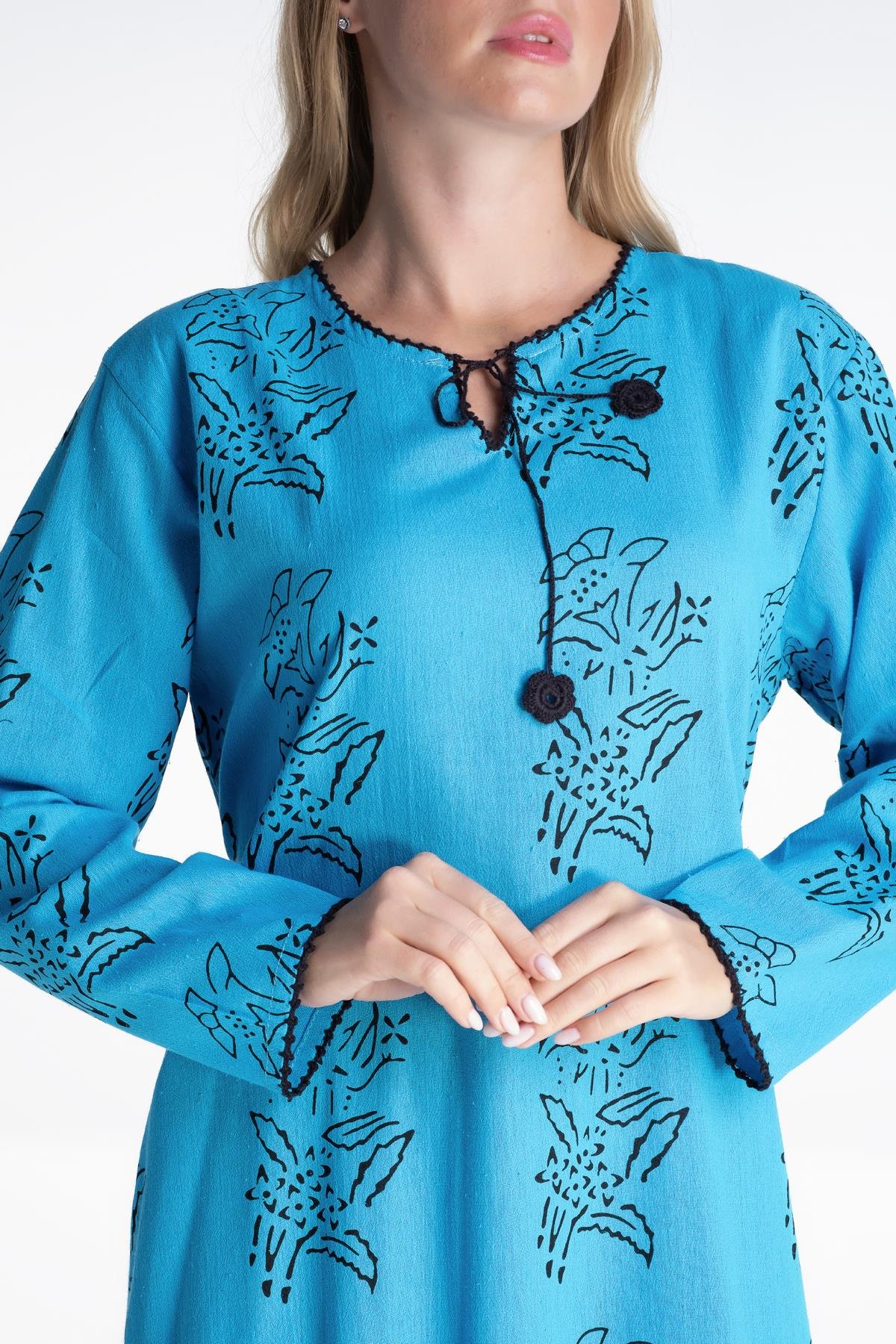 Uzun Kol Şile Bezi Baskılı Uzun Elbise Zambak Desen Turkuaz Trkz