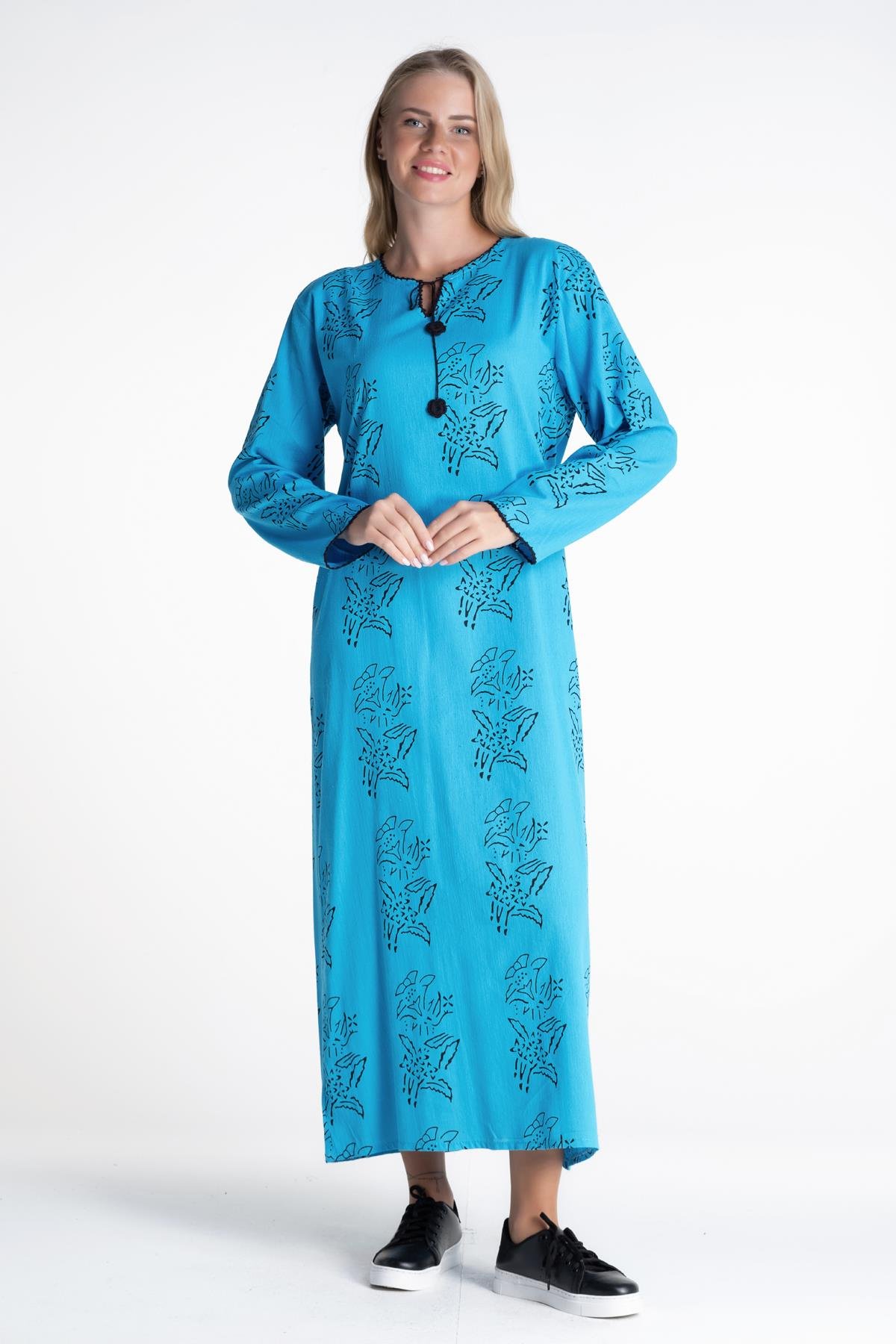 Uzun Kol Şile Bezi Baskılı Uzun Elbise Zambak Desen Turkuaz Trkz