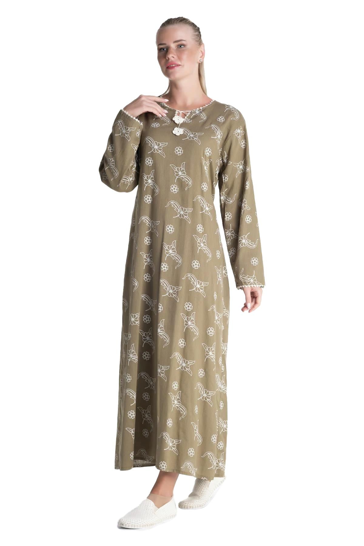 Long Sleeve Sile Fabric Baskılı Long Dress Splash Pattern Green