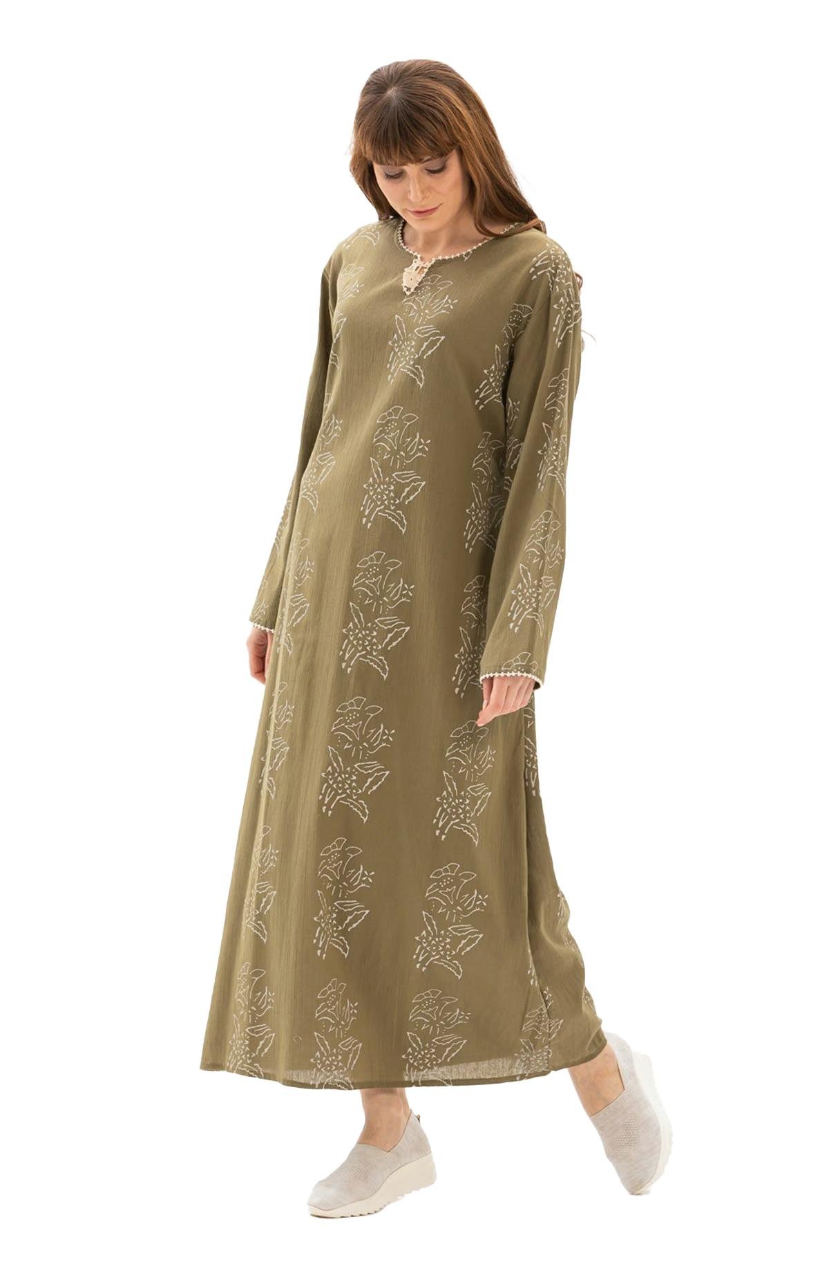 Uzun Kol Şile Bezi Baskılı Uzun Elbise Zambak Desen Haki Hk