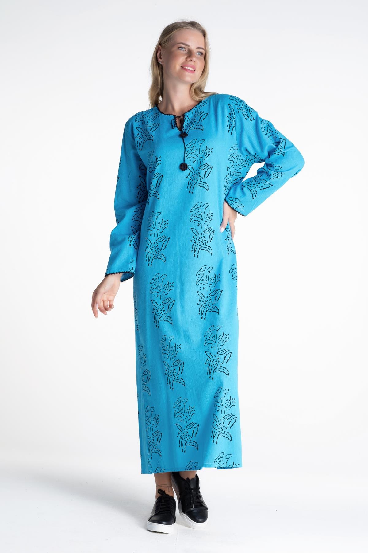 Uzun Kol Şile Bezi Baskılı Uzun Elbise Zambak Desen Turkuaz Trkz