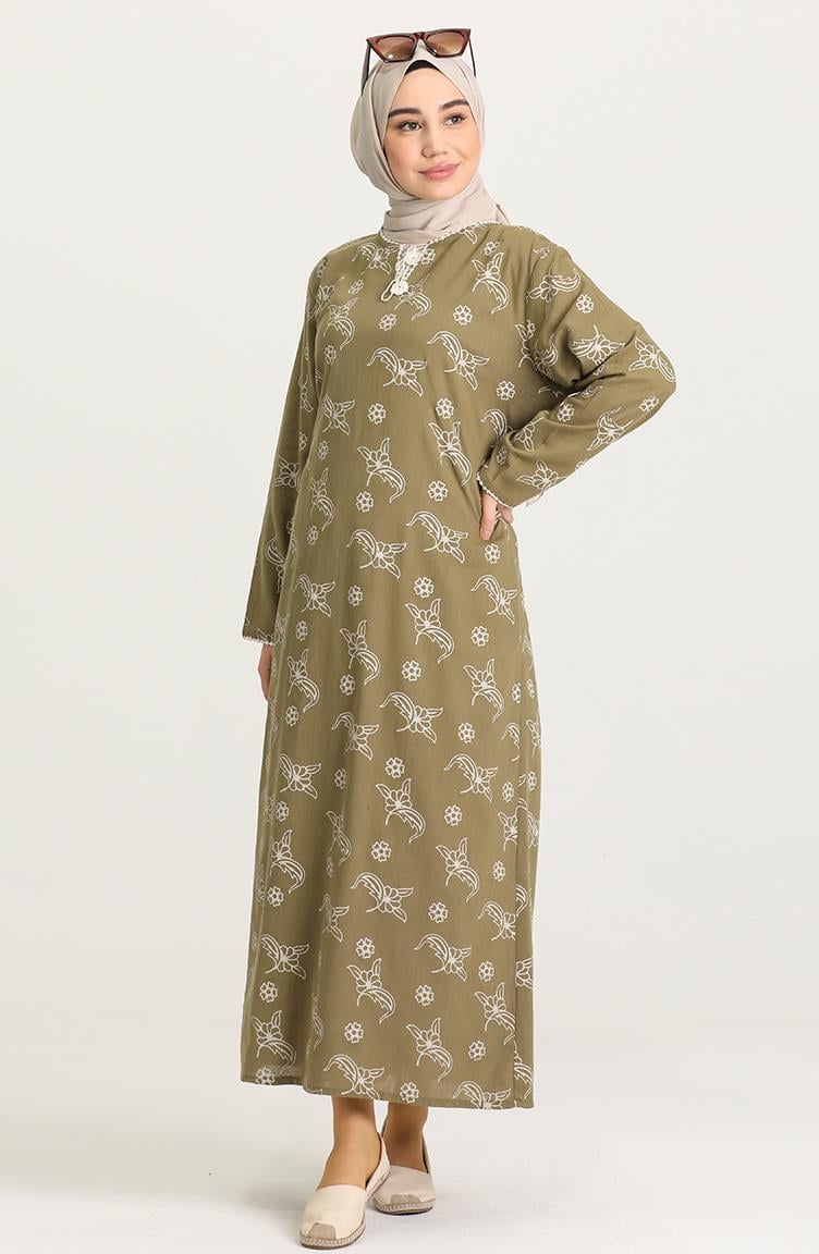 Uzun Kol Şile Bezi Baskılı Uzun Elbise Zambak Desen Haki Hk