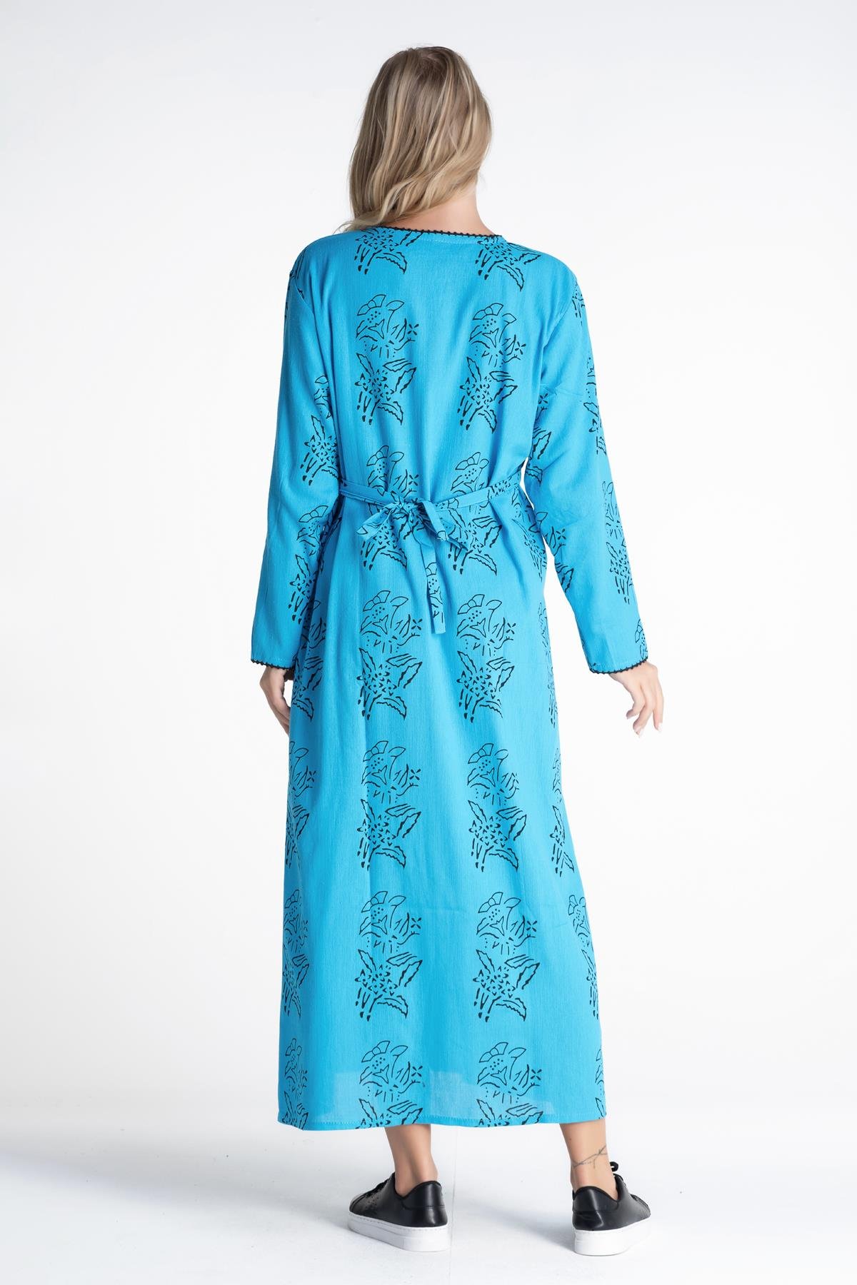 Uzun Kol Şile Bezi Baskılı Uzun Elbise Zambak Desen Turkuaz Trkz