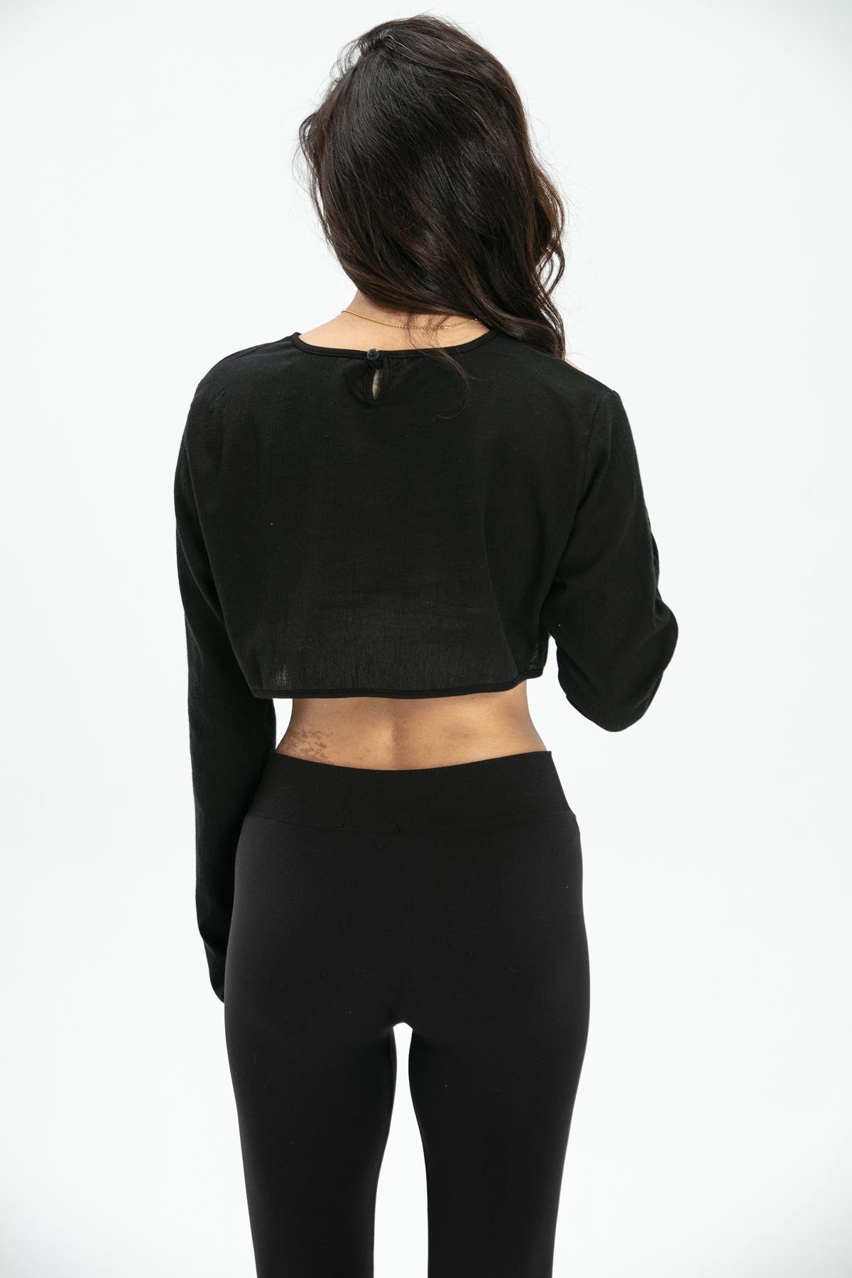 Uzun Kol Şile Bezi Bisiklet Yaka Crop Astar Bluz Siyah Syh