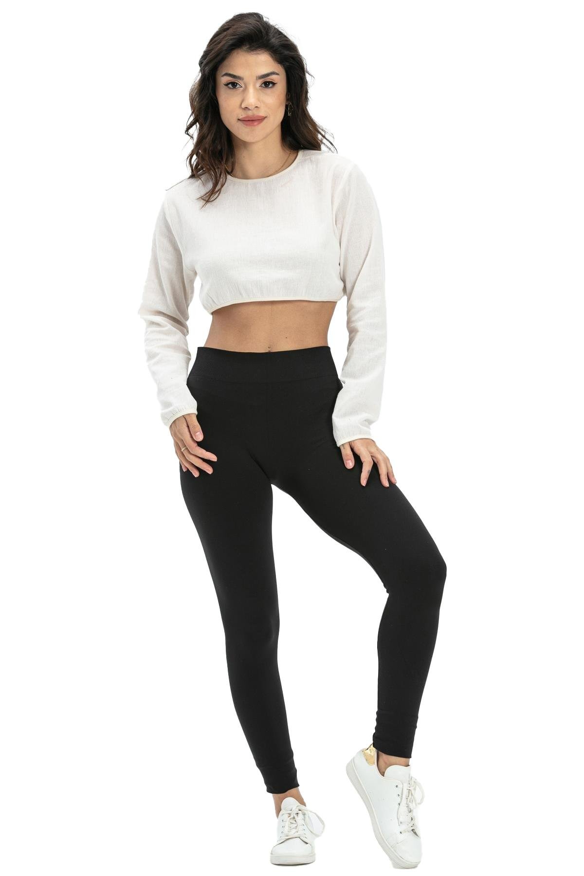 Long Sleeve Şile Fabric Bike Collar Crop Lining Blouse Cream