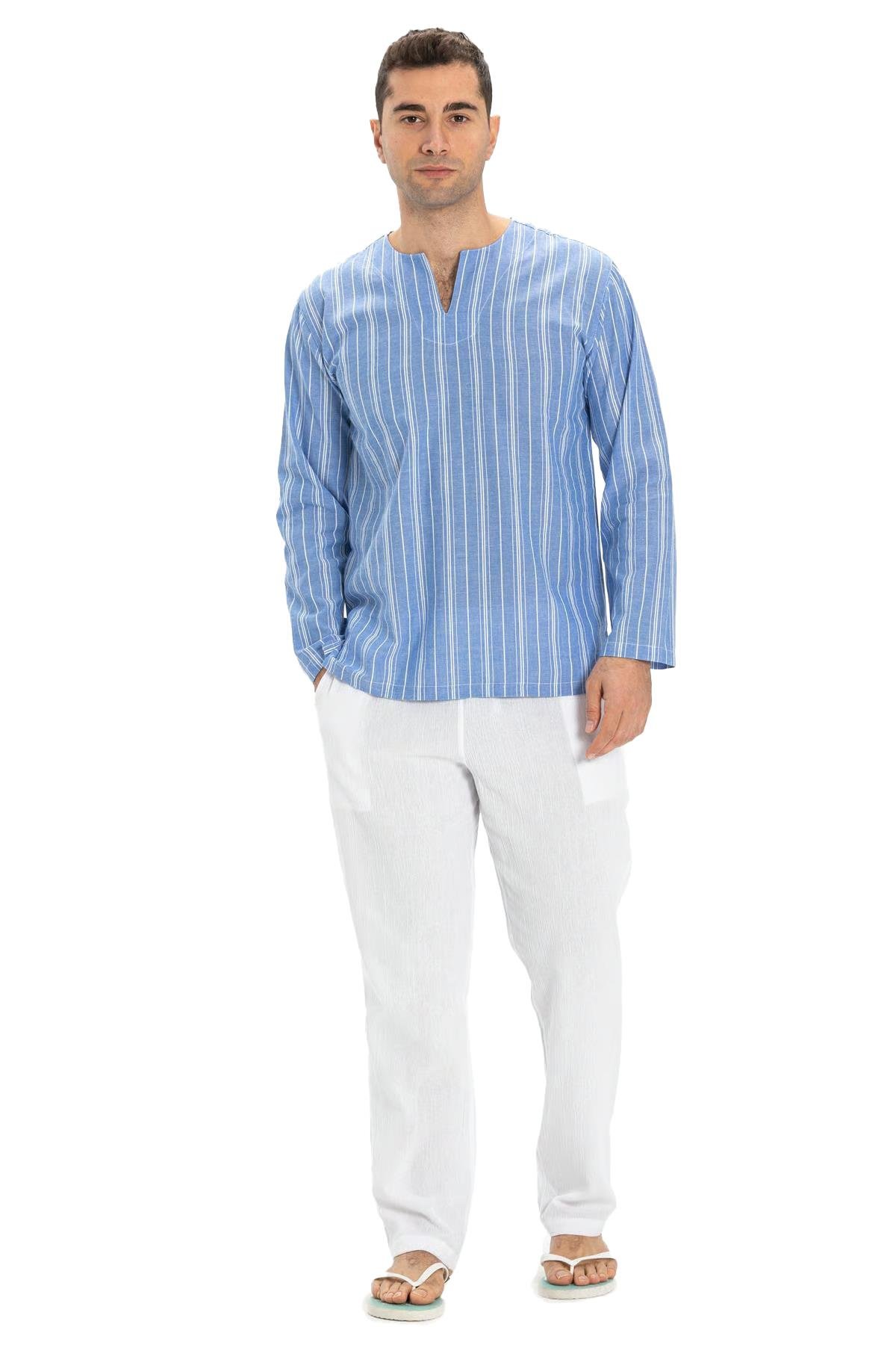 Uzun Kol Şile Bezi Bisiklet Yaka Erkek Tshirt Mavi Beyaz Çizgili 3019