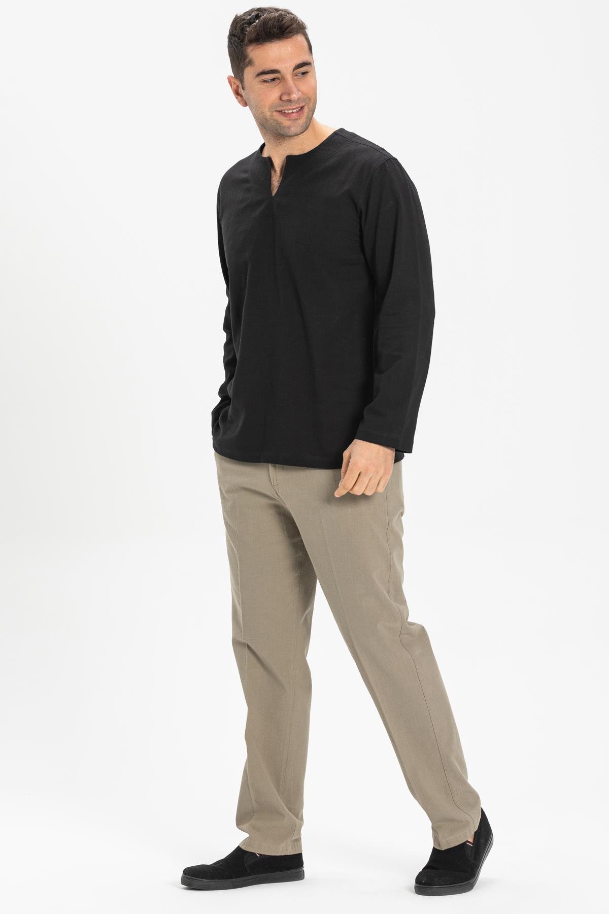 Uzun Kol Şile Bezi Bisiklet Yaka Erkek Tshirt Siyah 3003