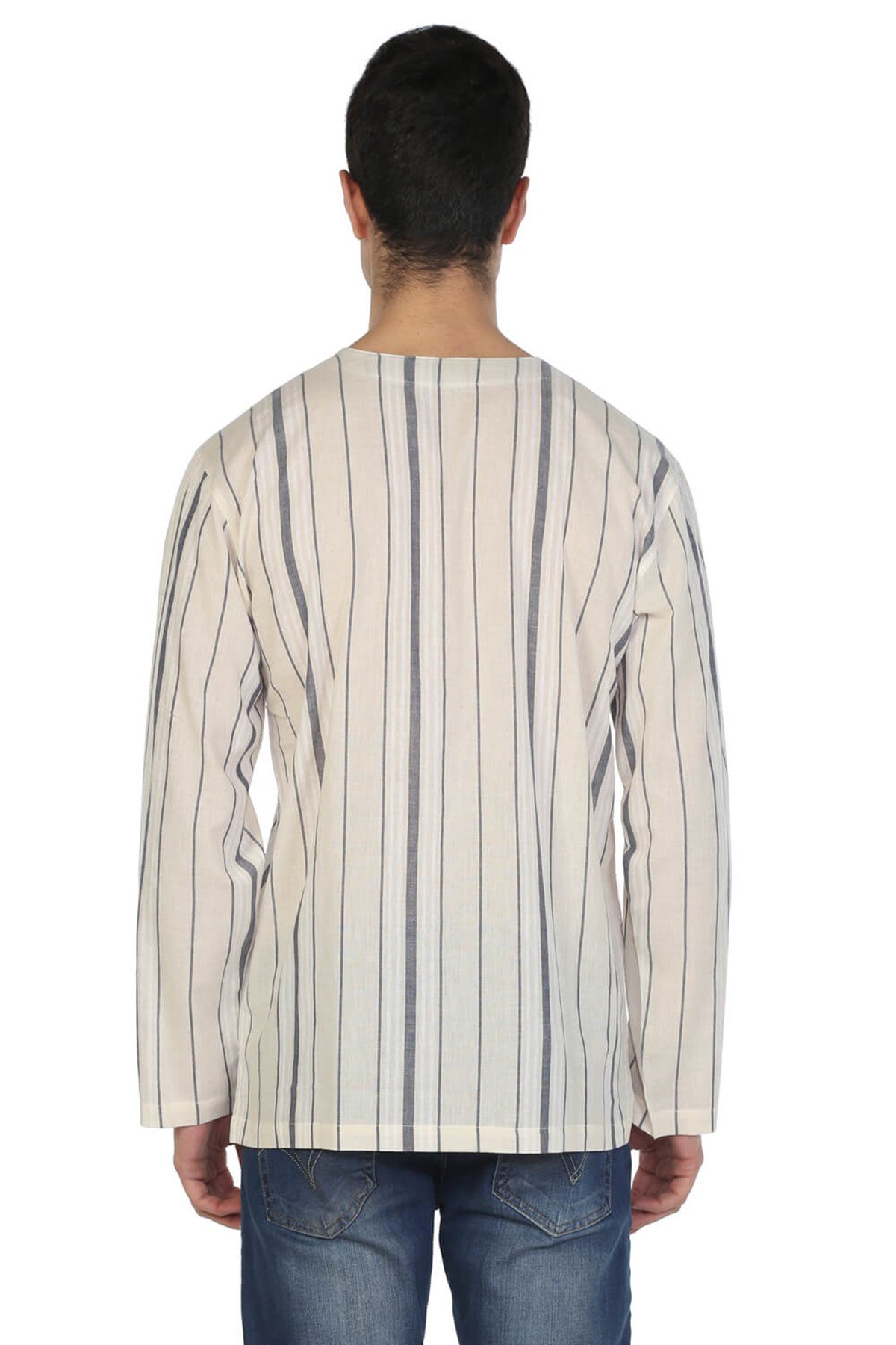 Uzun Kol Şile Bezi Bisiklet Yaka Erkek Tshirt Ekru Gri Çizgili