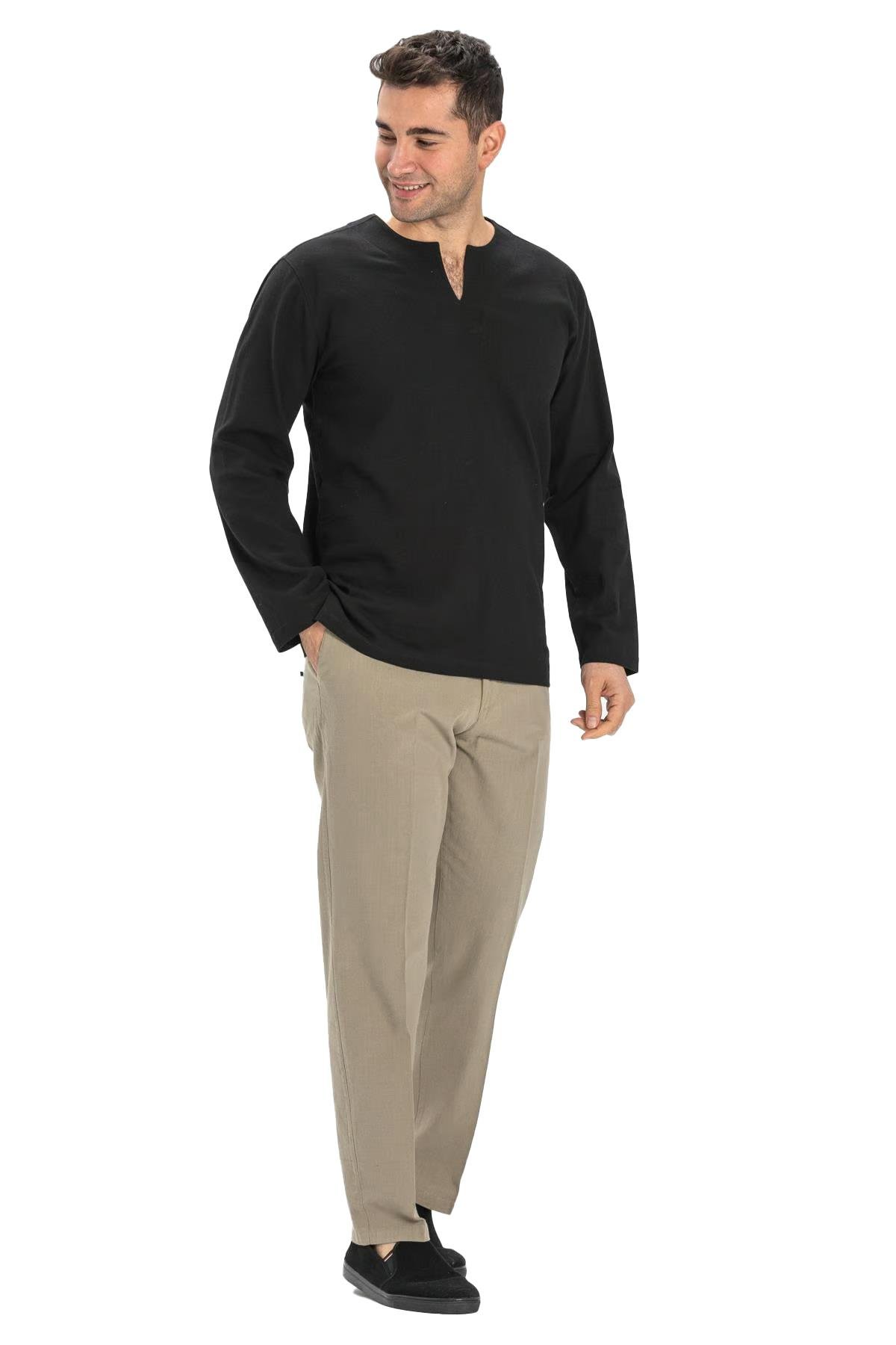 Uzun Kol Şile Bezi Bisiklet Yaka Erkek Tshirt Siyah 3003