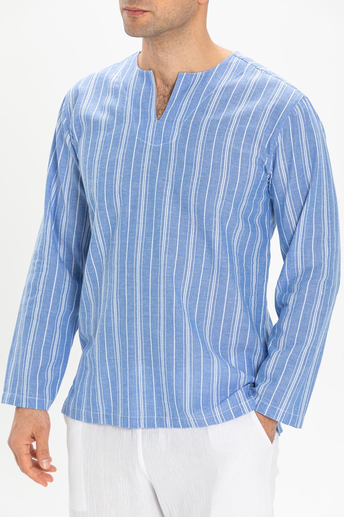 Uzun Kol Şile Bezi Bisiklet Yaka Erkek Tshirt Mavi Beyaz Çizgili 3019