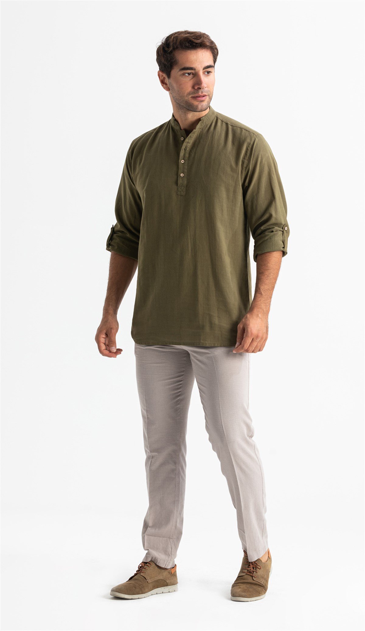 Uzun Kol Şile Bezi Bodrum Erkek T-Shirt Düz Haki 9004
