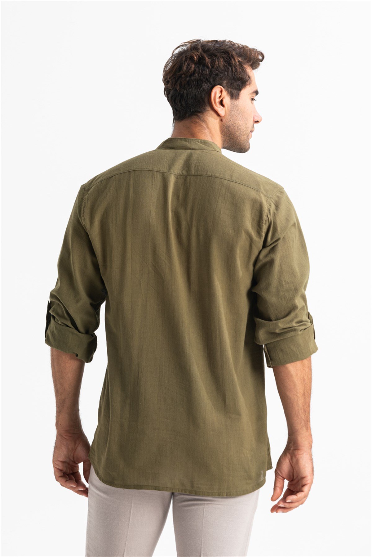 Uzun Kol Şile Bezi Bodrum Erkek T-Shirt Düz Haki 9004