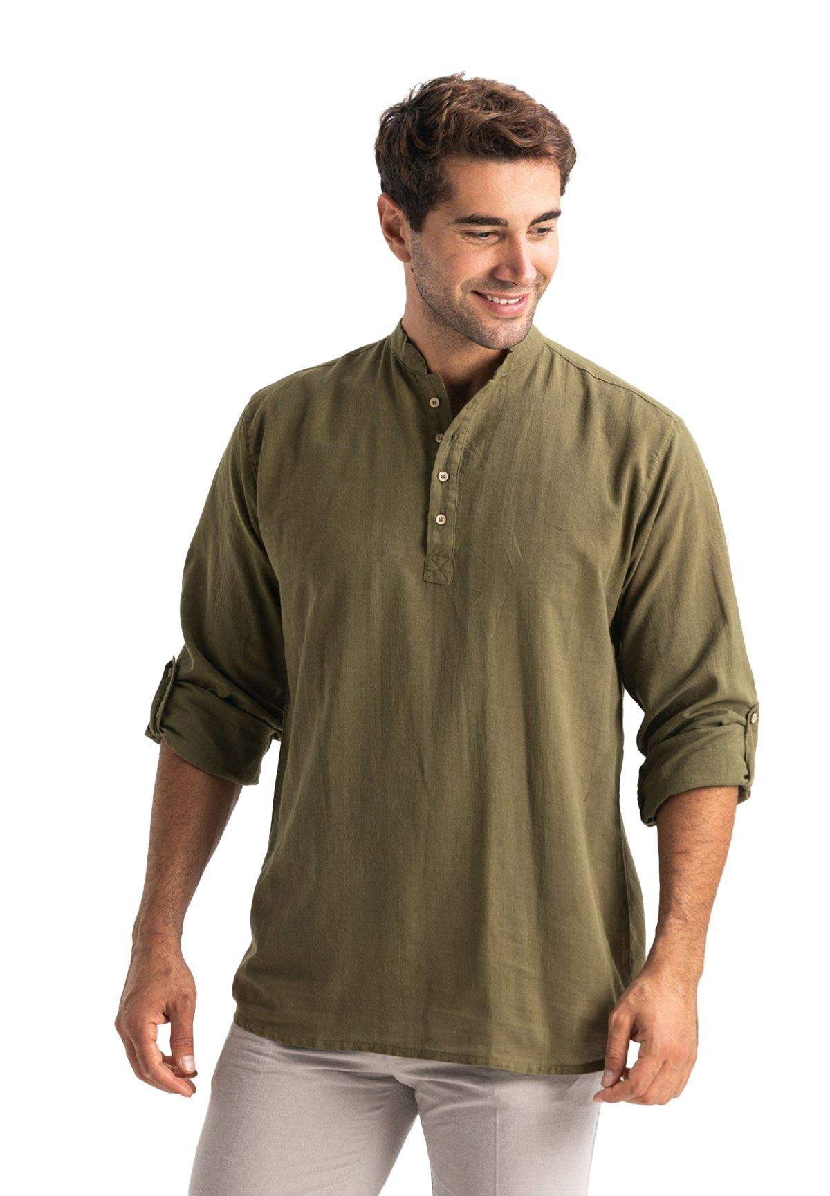 Uzun Kol Şile Bezi Bodrum Erkek T-Shirt Düz Haki 9004