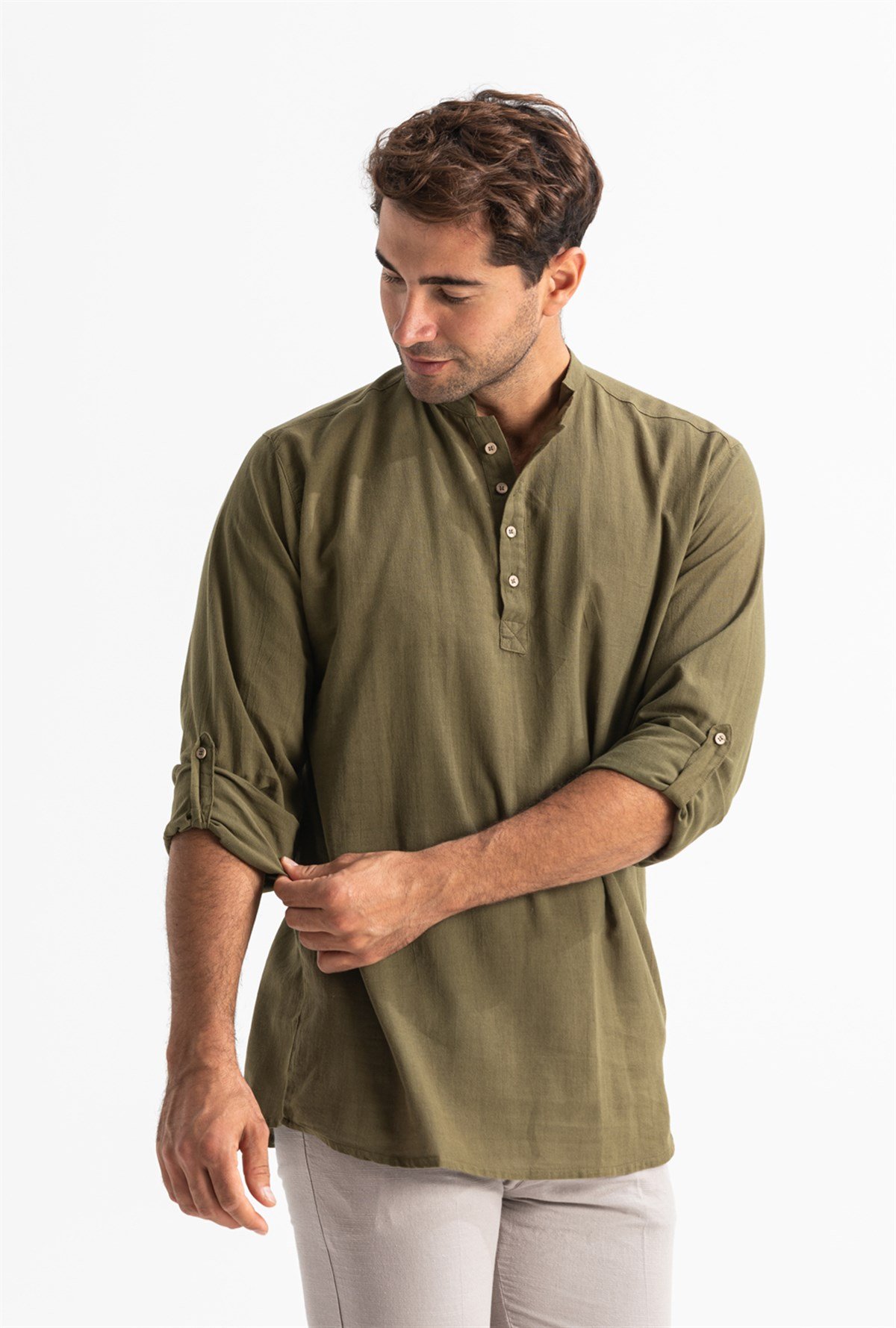 Uzun Kol Şile Bezi Bodrum Erkek T-Shirt Düz Haki 9004