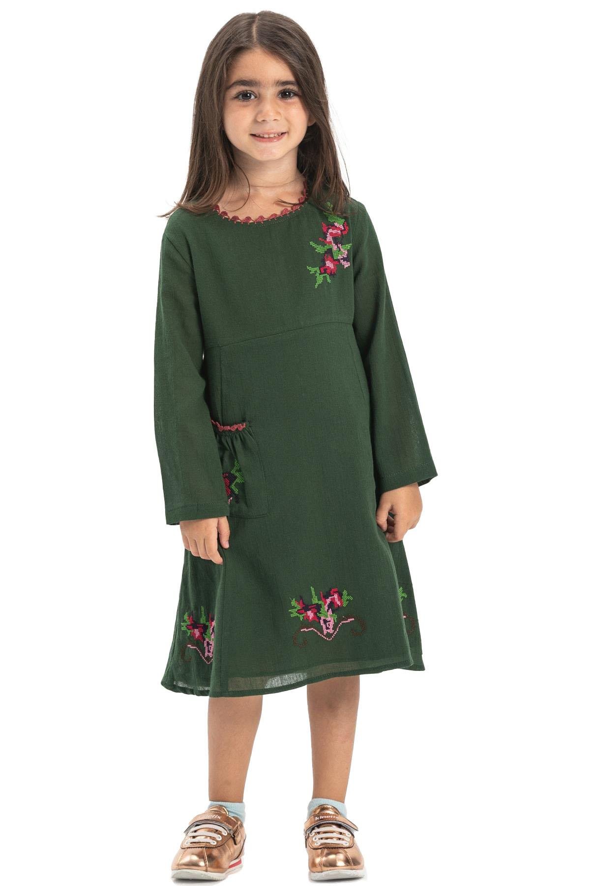 Uzun Kol Şile Bezi Burçak Çocuk Elbise Yeşil Ysl