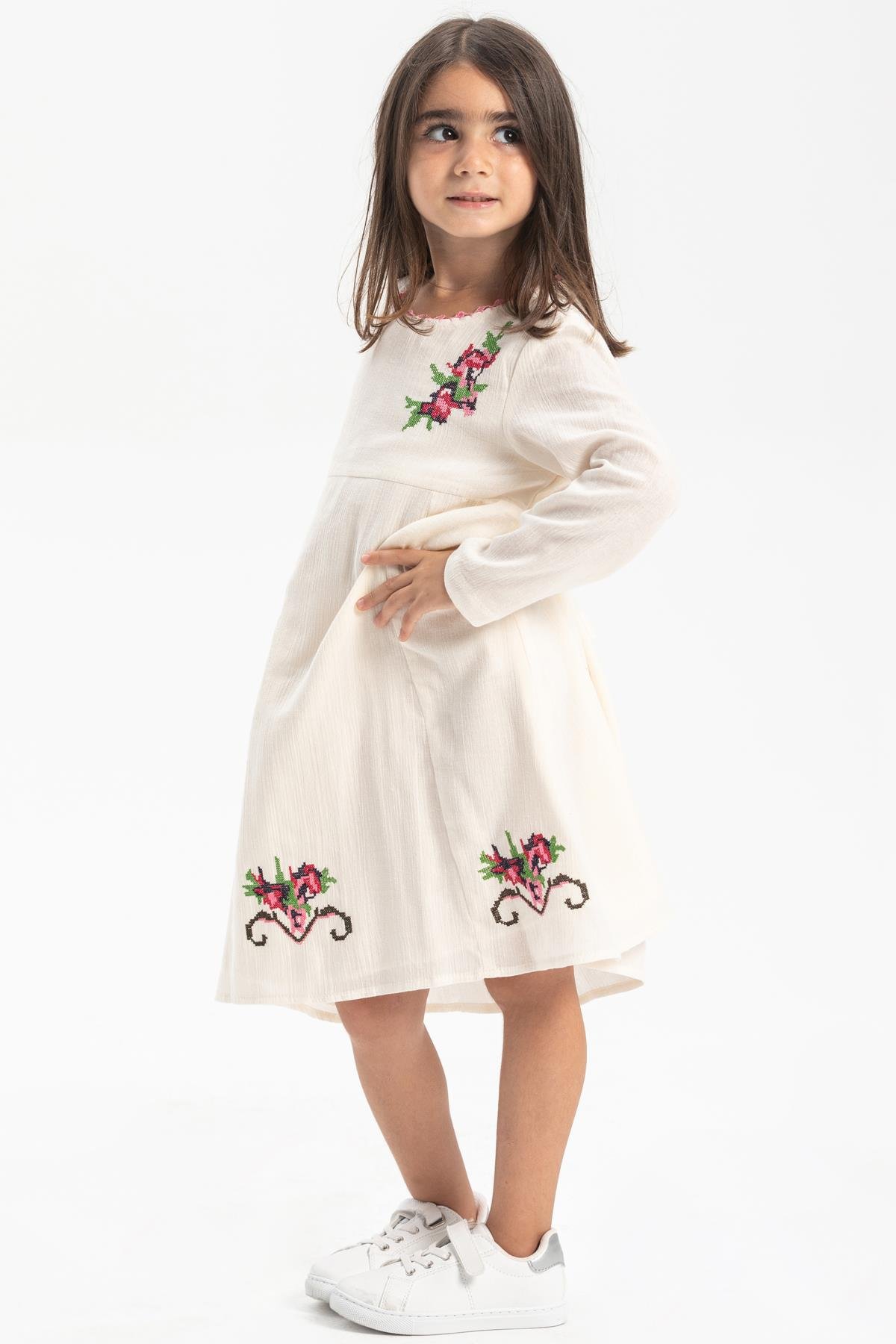 Uzun Kol Şile Bezi Burçak Çocuk Elbise Krem Krm