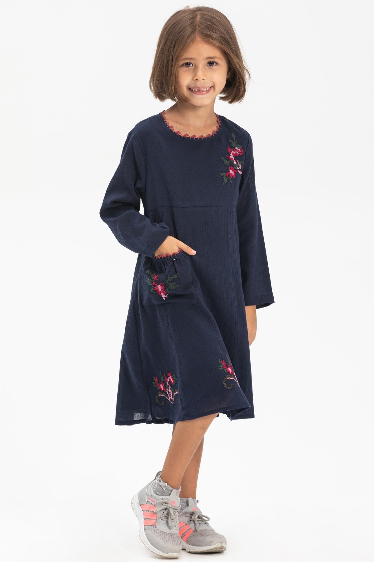 Long Sleeve Şile Fabric Burçak Kid's Dress Navy Blue