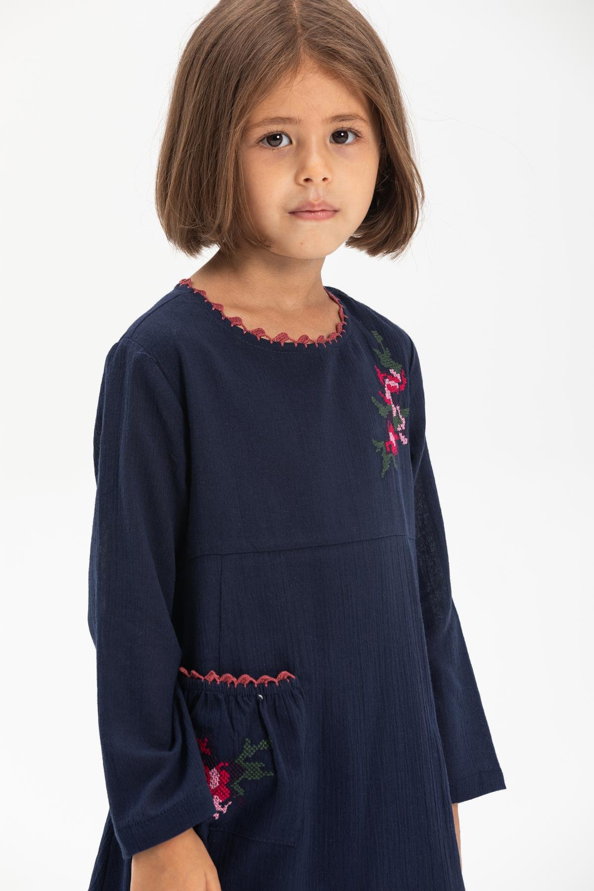 Long Sleeve Şile Fabric Burçak Kid's Dress Navy Blue