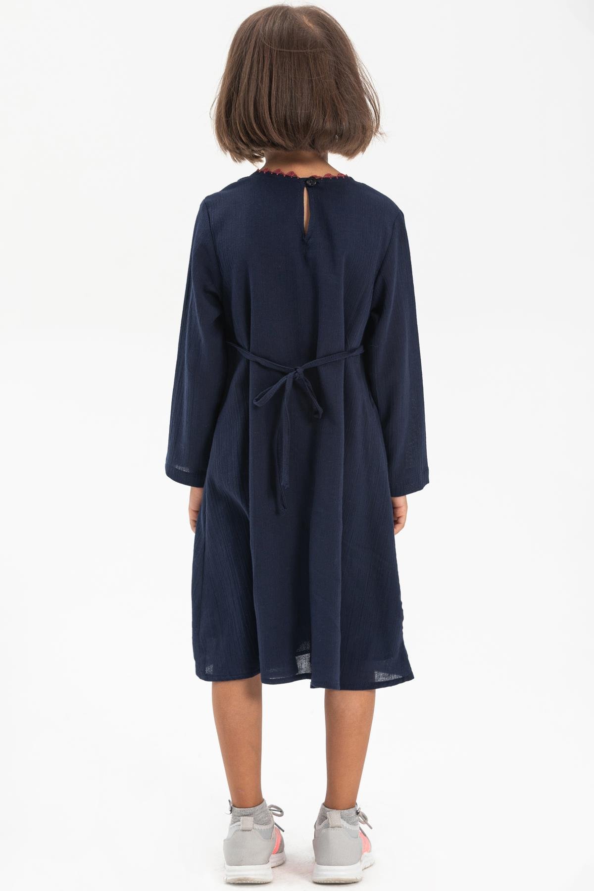 Long Sleeve Şile Fabric Burçak Kid's Dress Navy Blue
