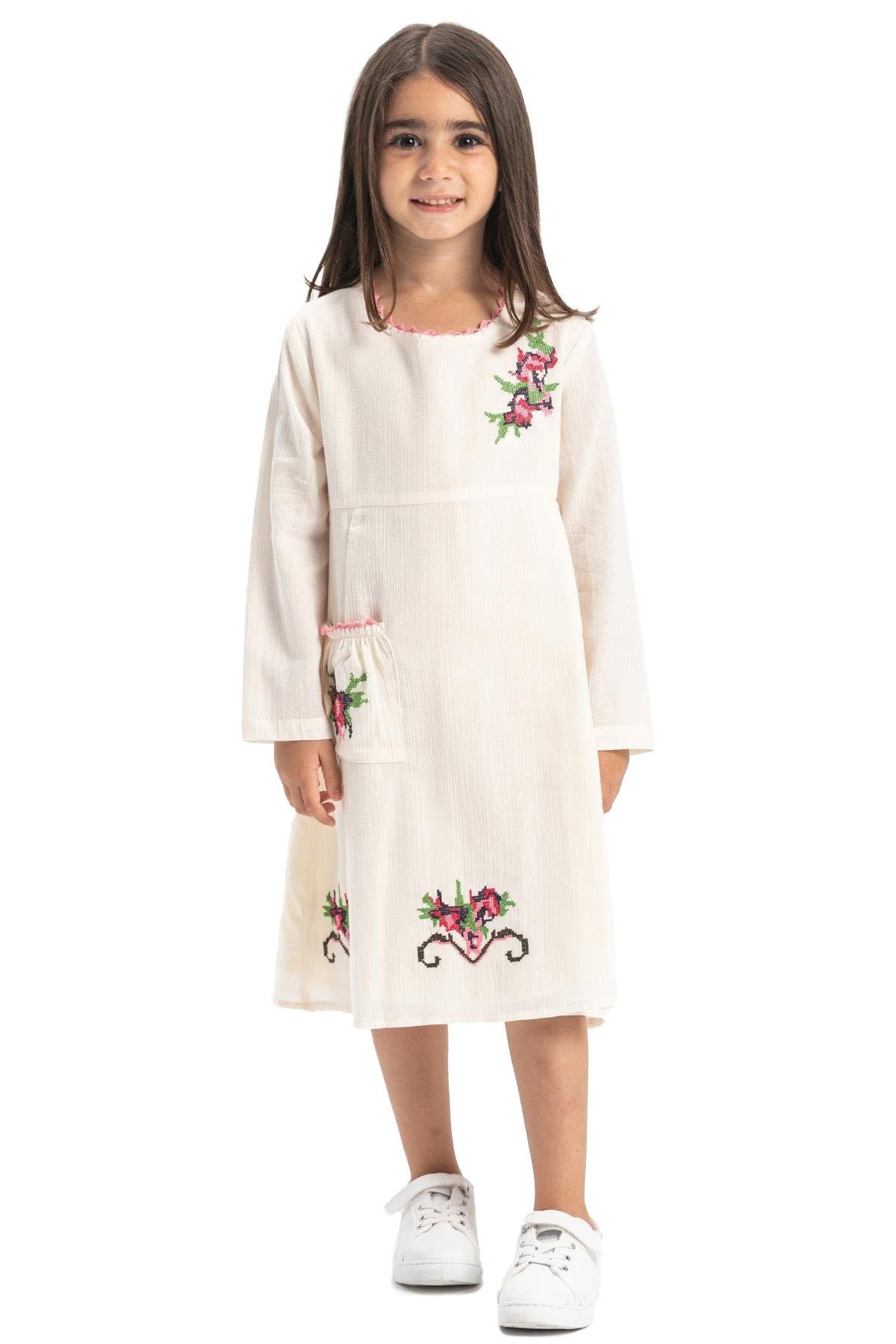 Uzun Kol Şile Bezi Burçak Çocuk Elbise Krem Krm
