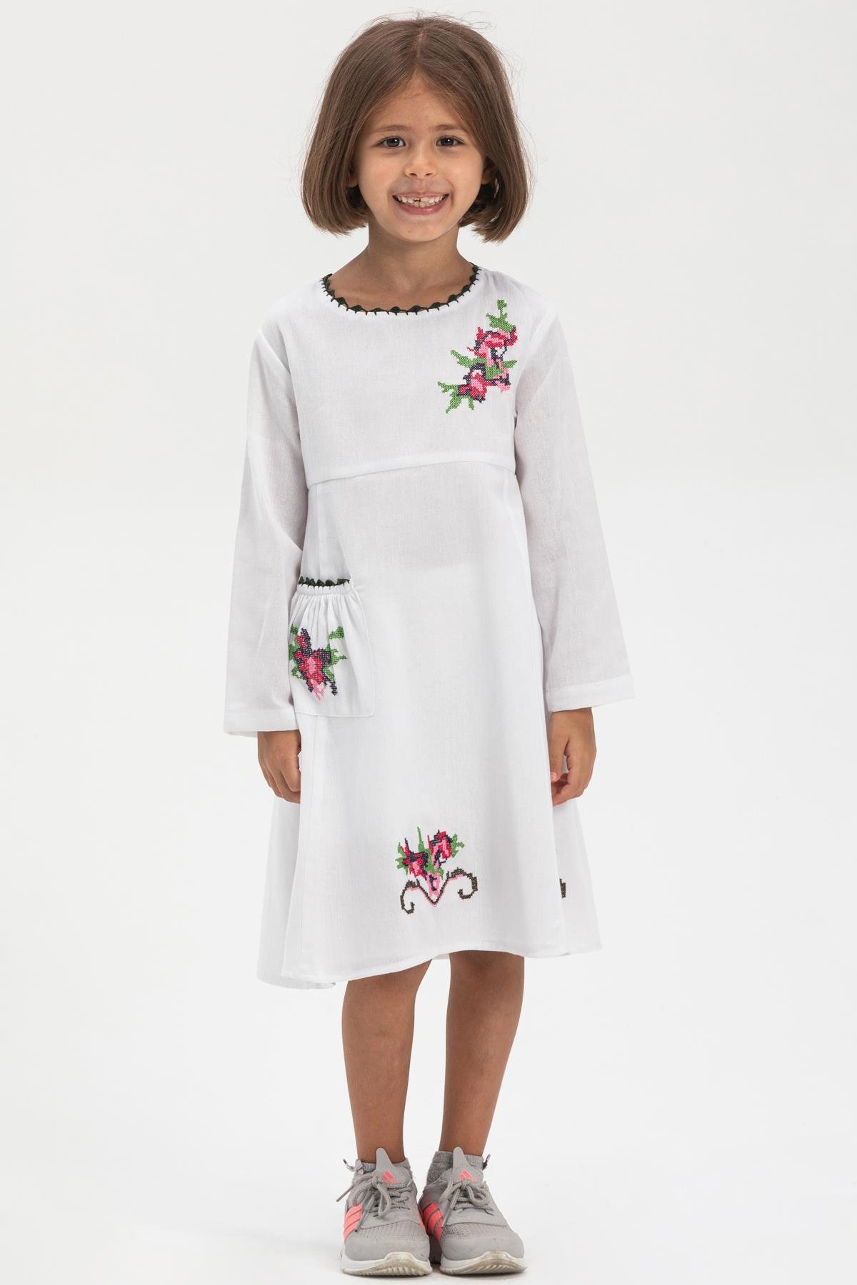 Uzun Kol Şile Bezi Burçak Çocuk Elbise Beyaz Byz