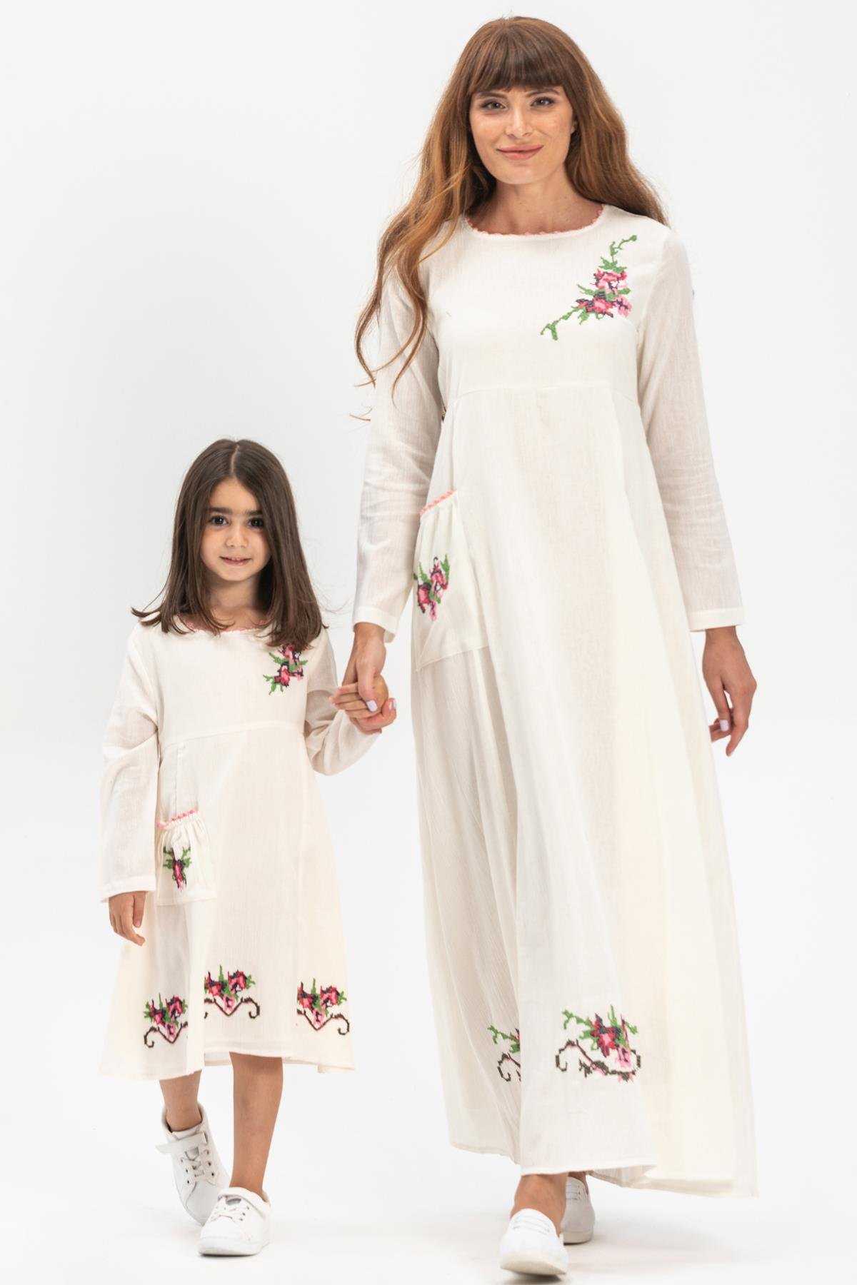 Uzun Kol Şile Bezi Burçak Çocuk Elbise Krem Krm