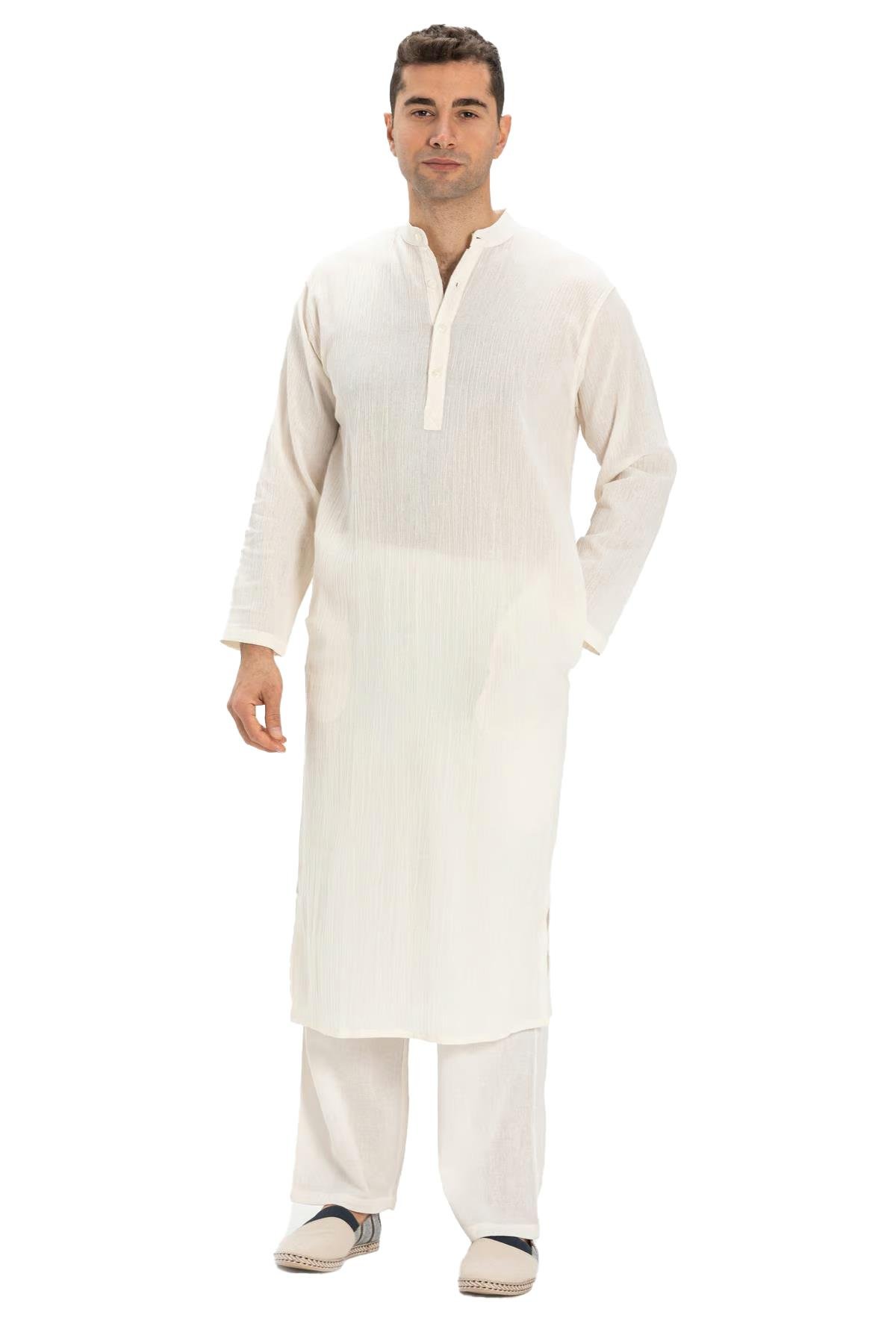 Uzun Kol Şile Bezi Erkek Hac ve Umre Elbisesi Krem Krm