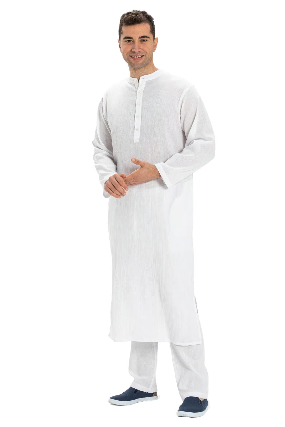 Uzun Kol Şile Bezi Erkek Hac ve Umre Elbisesi Beyaz Byz