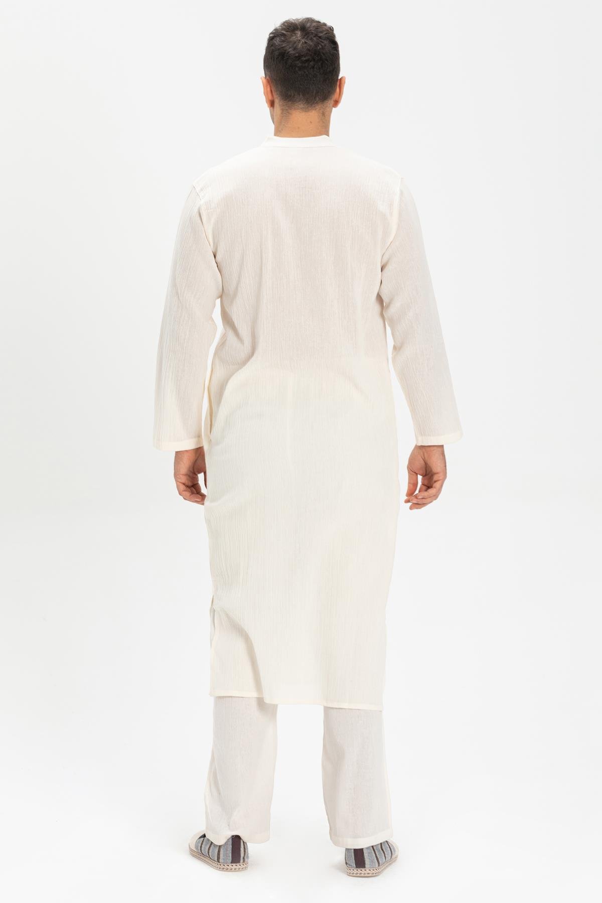Uzun Kol Şile Bezi Erkek Hac ve Umre Elbisesi Krem Krm
