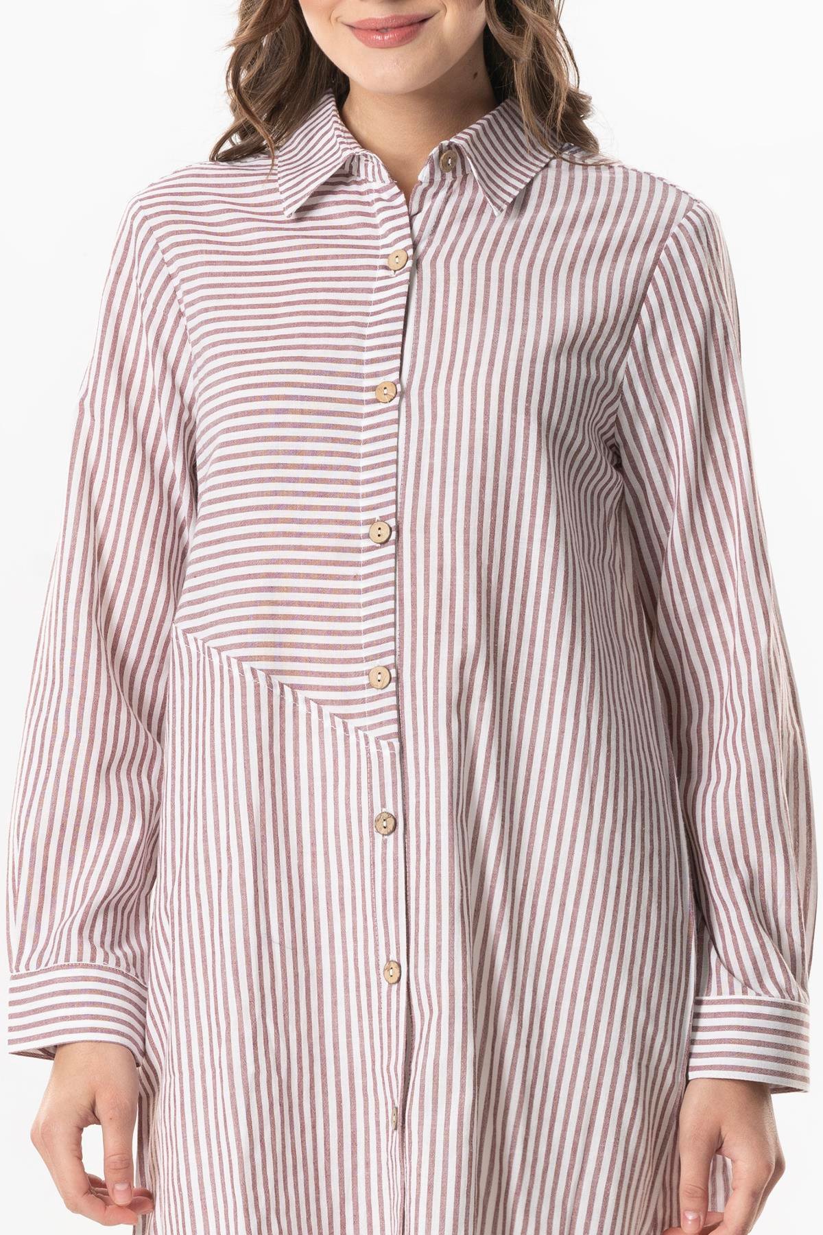 Uzun Kol Şile Bezi Erva Mevsimlik Gömlek Bordo Çizgili Brdbyz