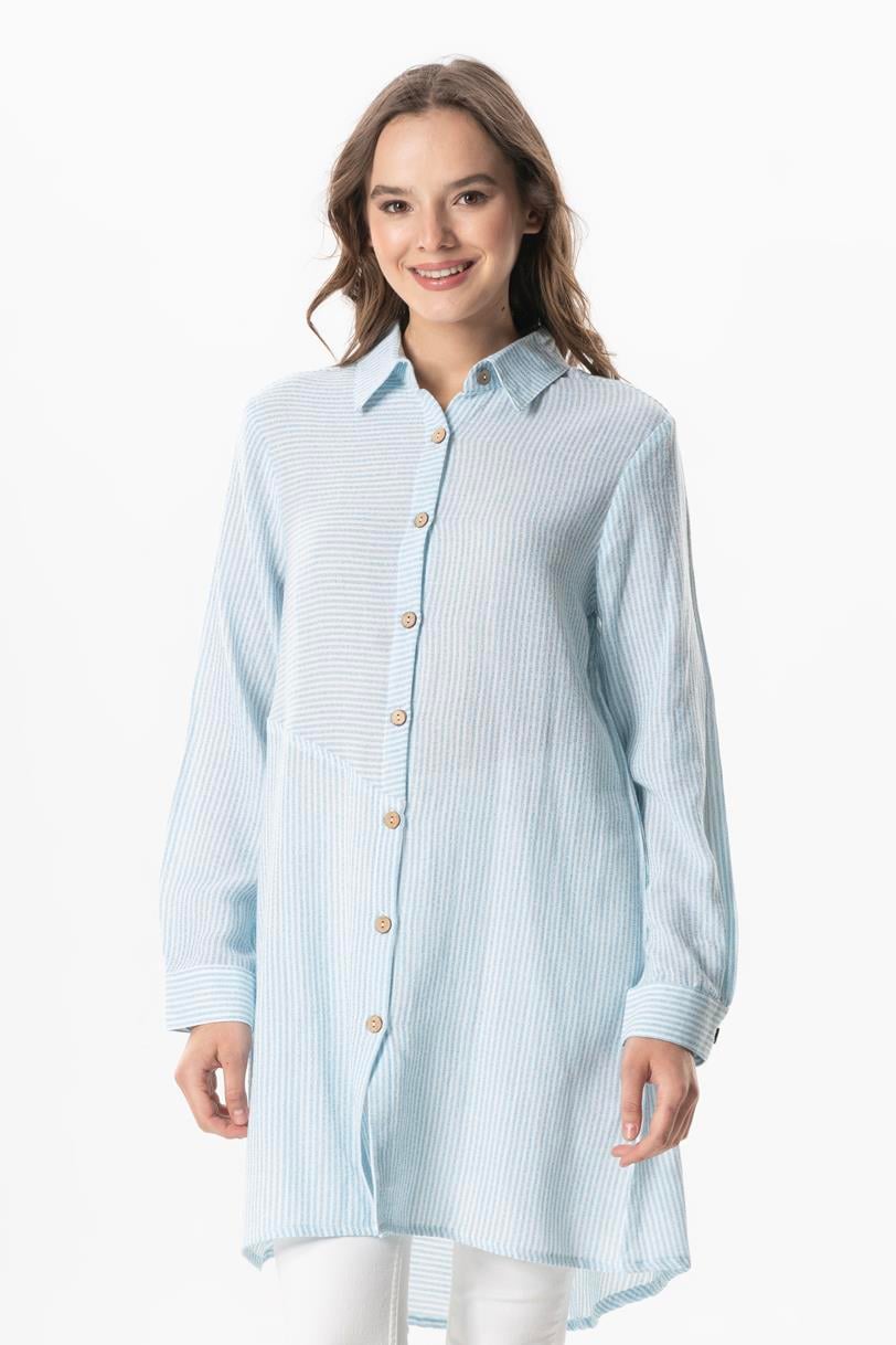 Uzun Kol Şile Bezi Erva Mevsimlik Gömlek Mavi Çizgili Mvbyz